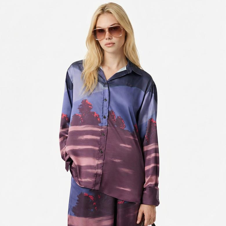 Kadın Oversize Fit Baskılı Mor Saten Gömlek