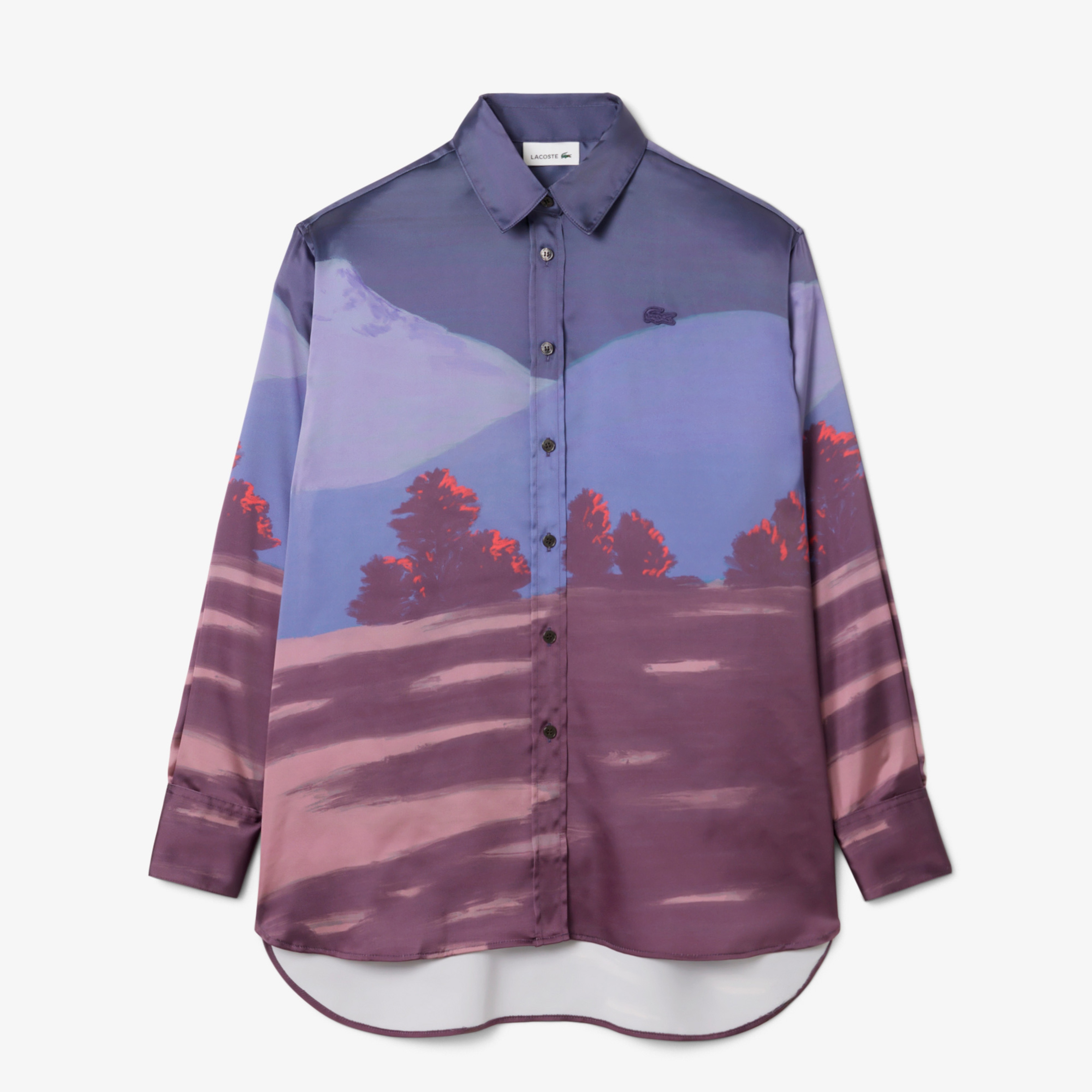 Kadın Oversize Fit Baskılı Mor Saten Gömlek