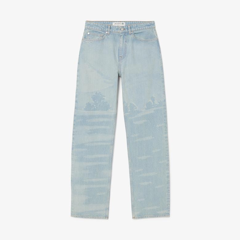 Erkek Straight Fit Baskılı Mavi Jean Pantolon