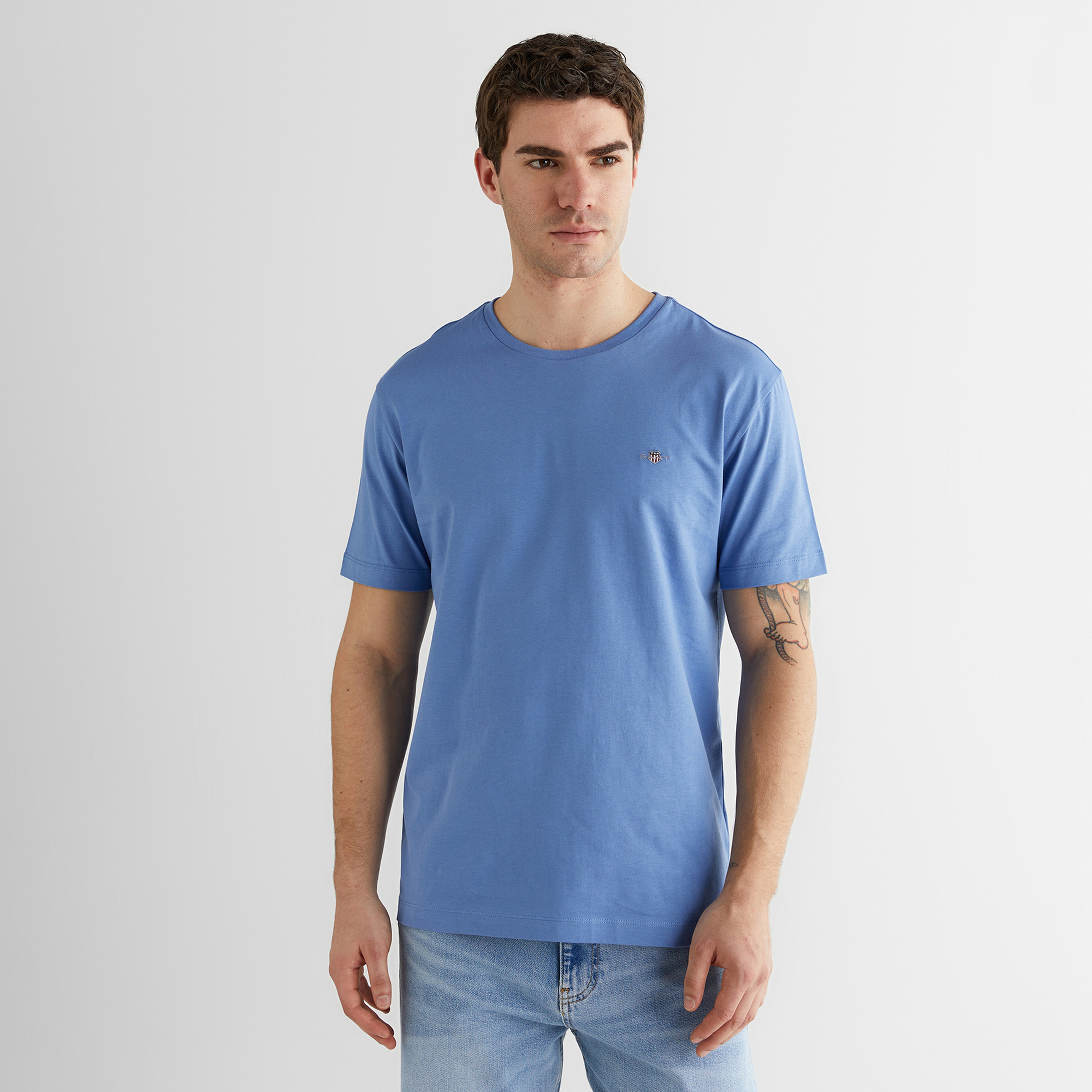 GANT Erkek Mavi Bisiklet Yaka Regular Fit Logolu T-Shirt