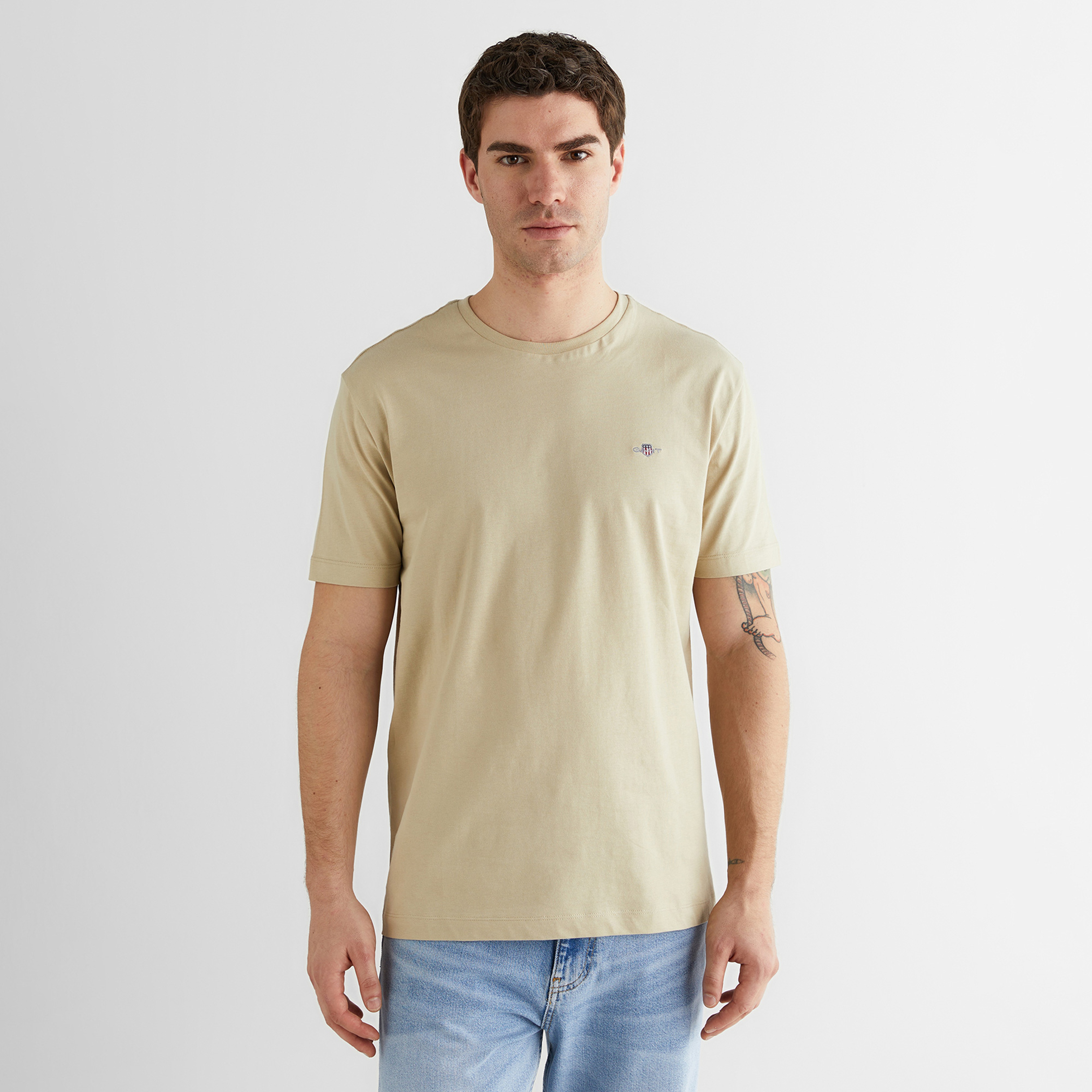 GANT Erkek Bej Bisiklet Yaka Regular Fit Logolu T-Shirt