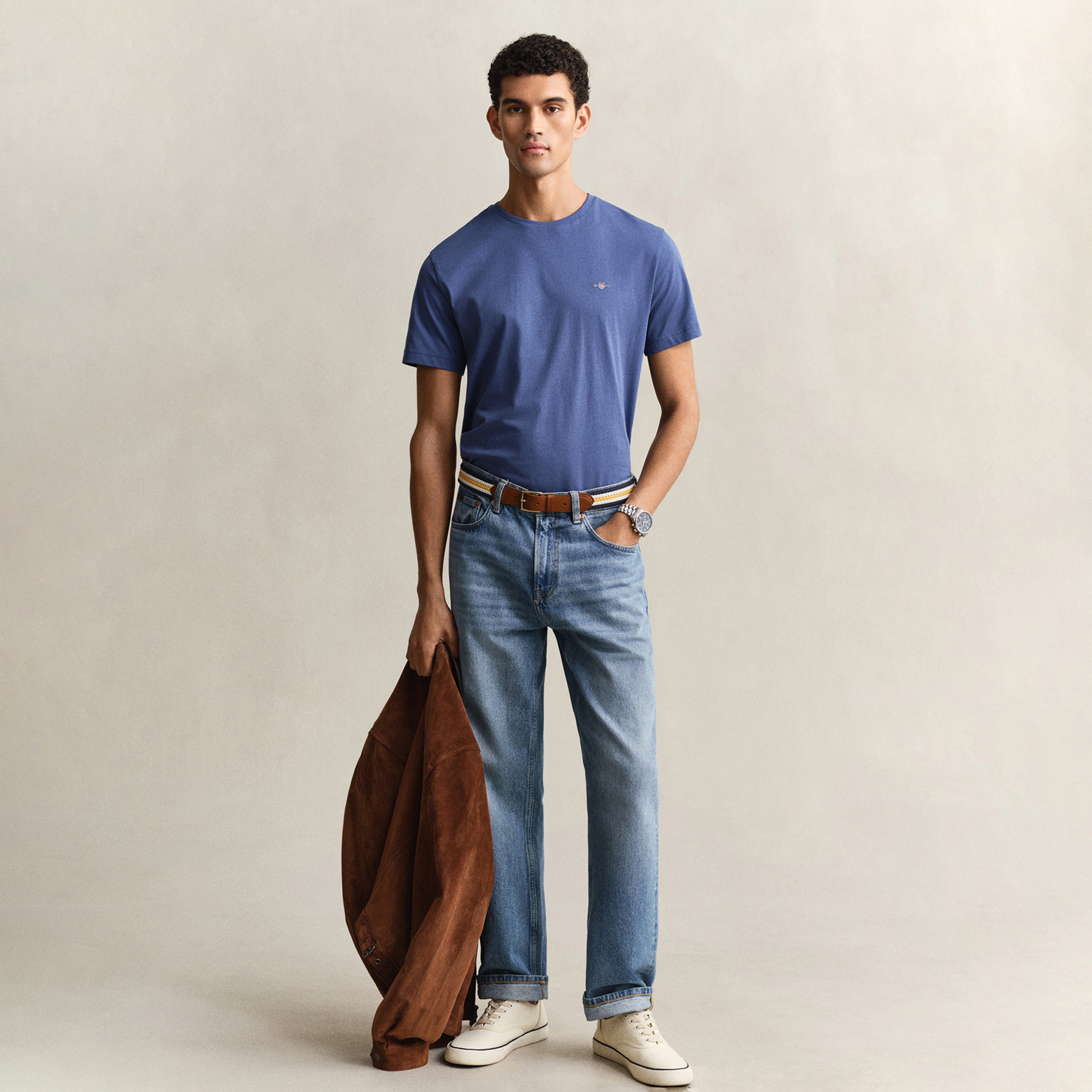 GANT Erkek Mavi Bisiklet Yaka Regular Fit Logolu T-Shirt