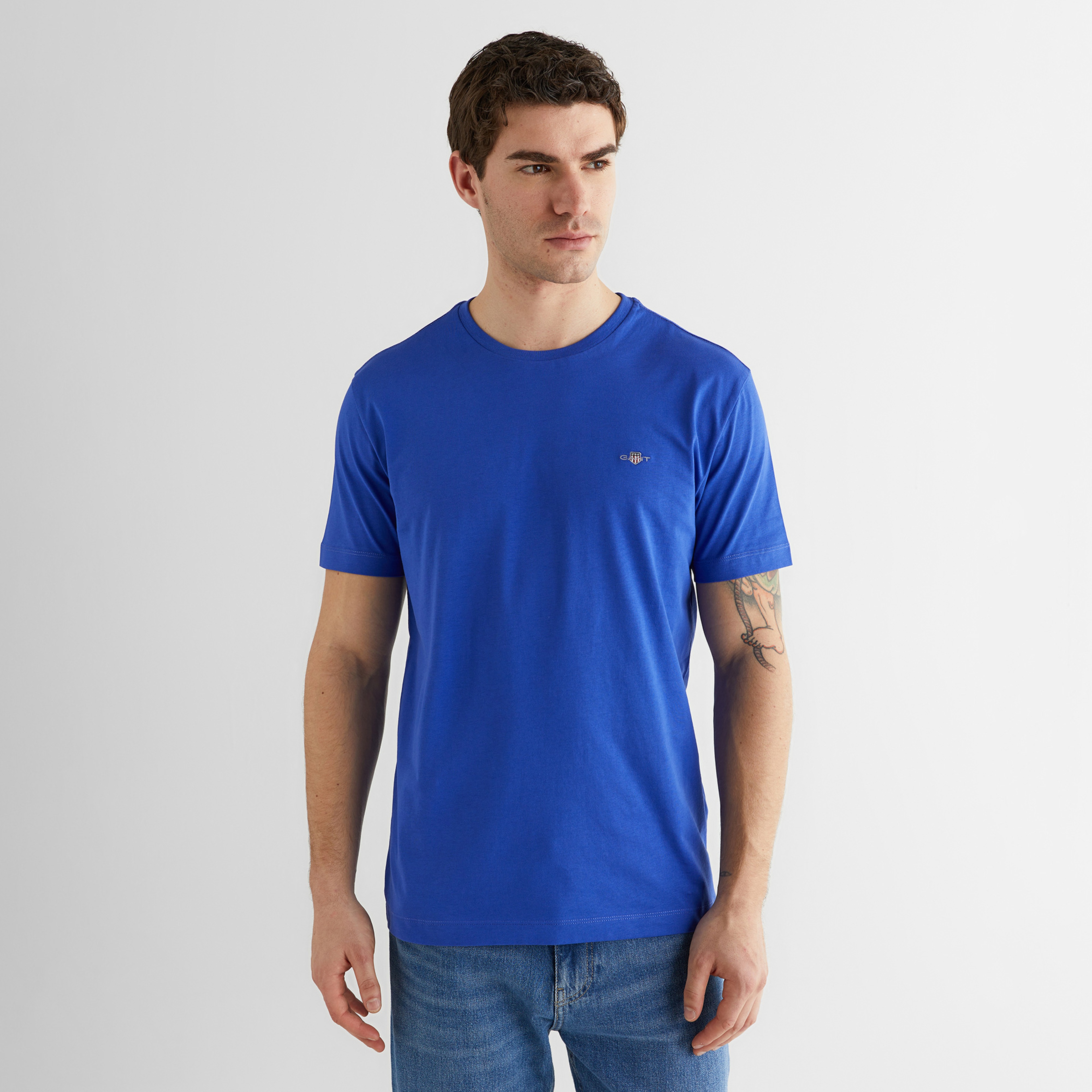 GANT Erkek Mavi Bisiklet Yaka Regular Fit Logolu T-Shirt