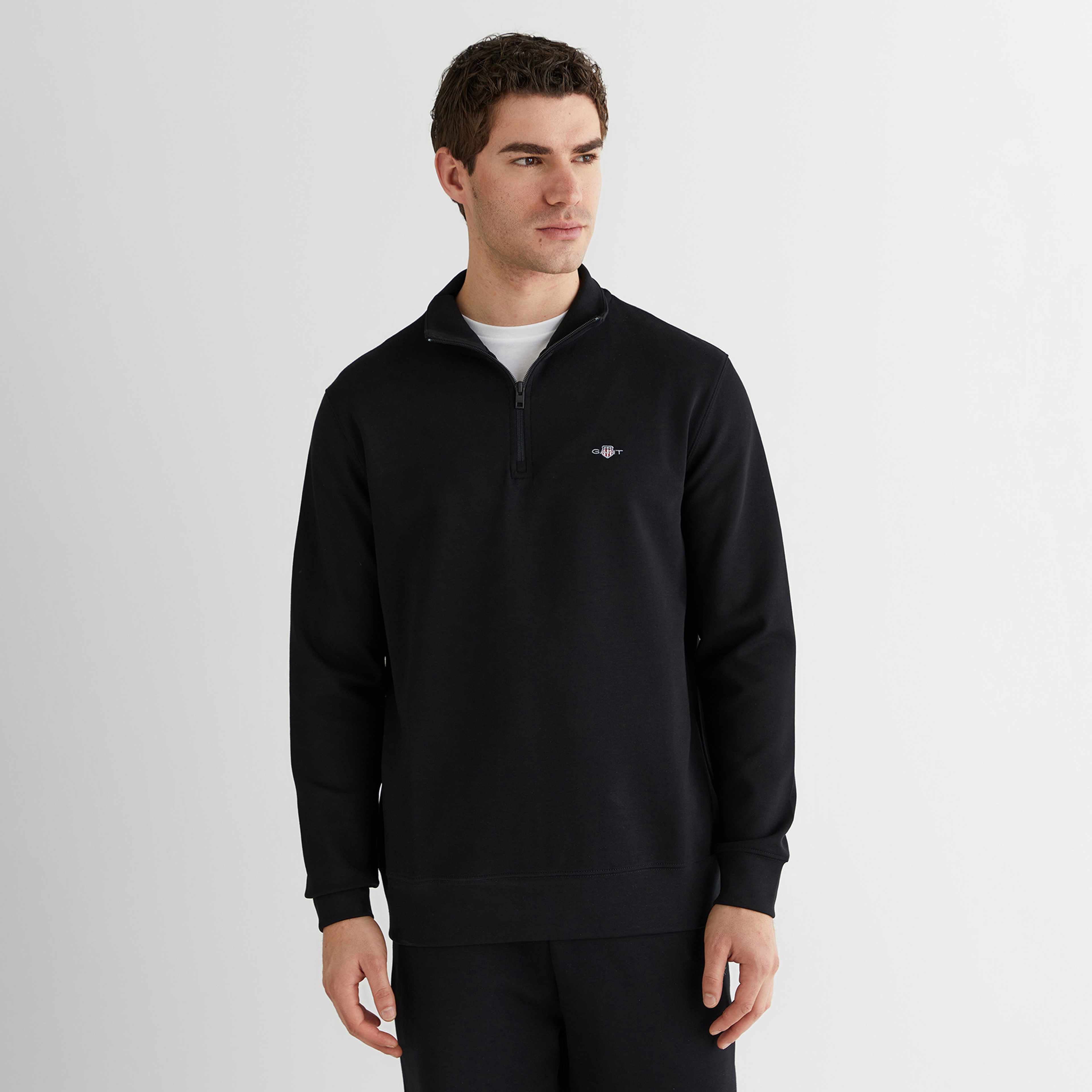 GANT Erkek Siyah Relaxed Fit Yarım Fermuarlı Logolu Sweatshirt