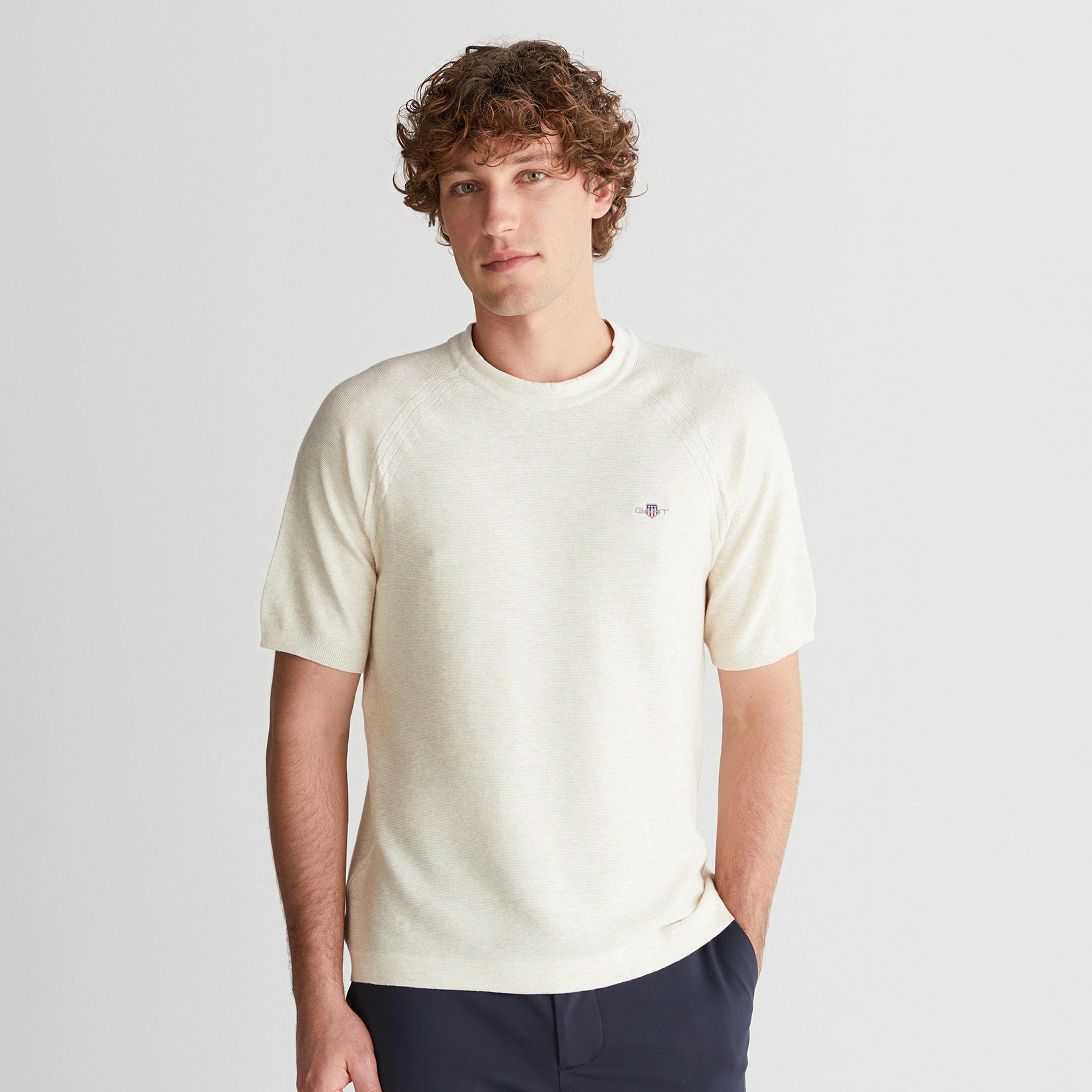 GANT Erkek Bej Regular Fit Bisiklet Yaka Kısa Kollu Triko