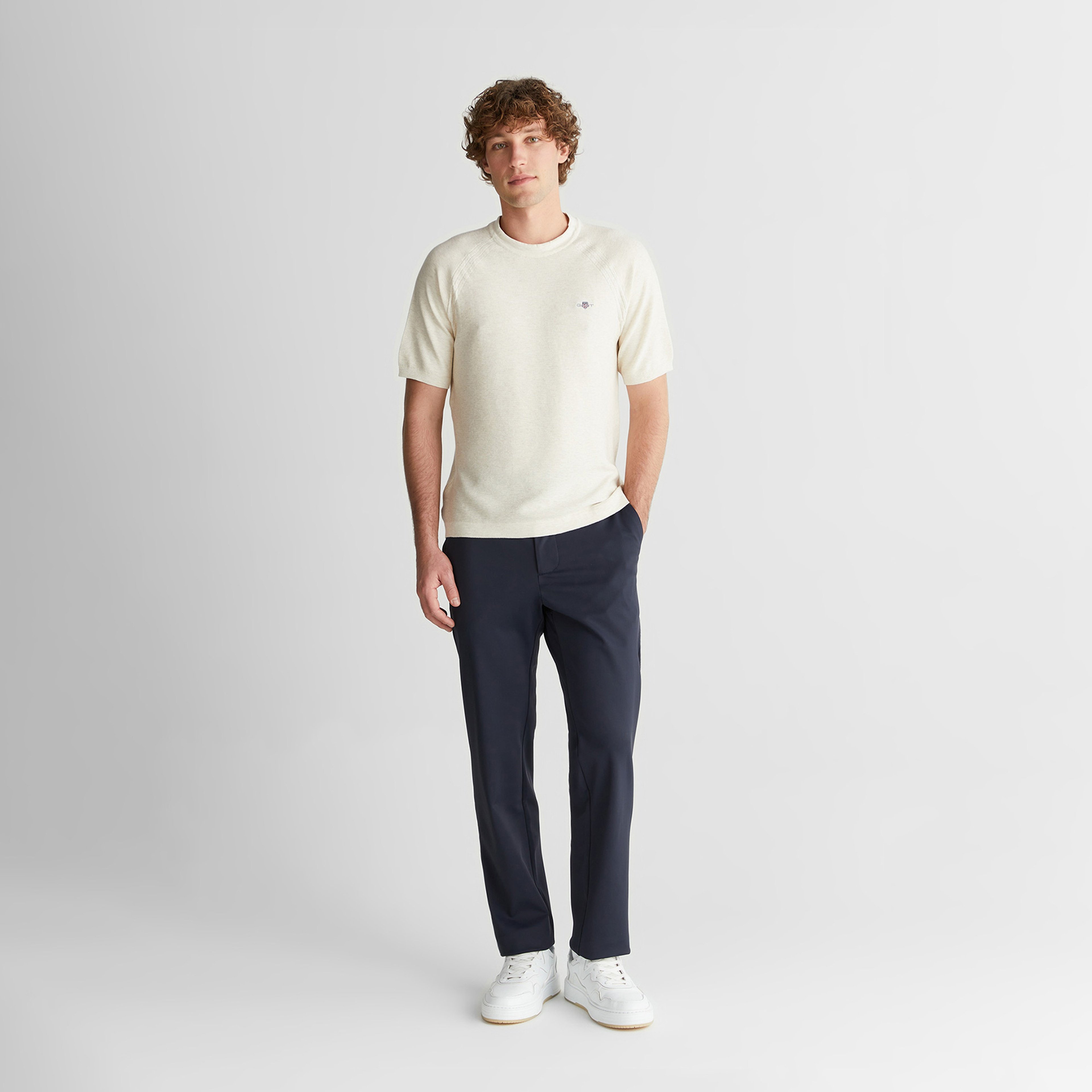 GANT Erkek Bej Regular Fit Bisiklet Yaka Kısa Kollu Triko