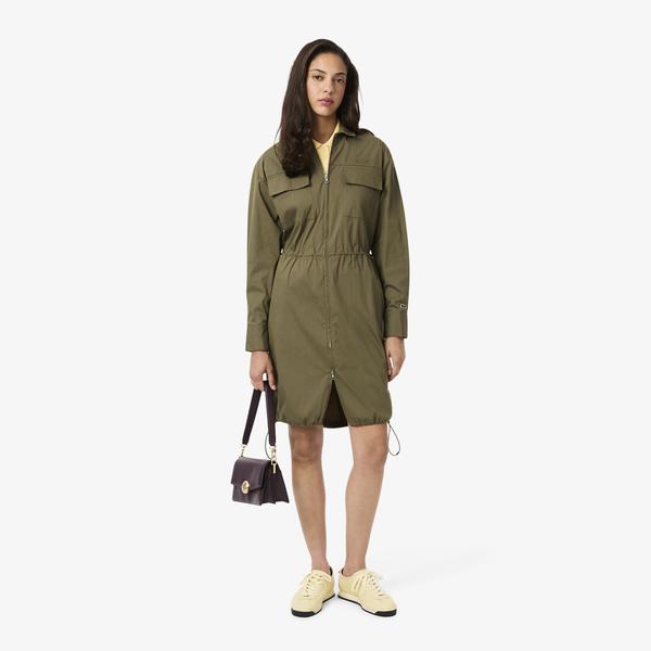 Kadın Oversize Fit Uzun Kollu Fermuarlı Haki Elbise