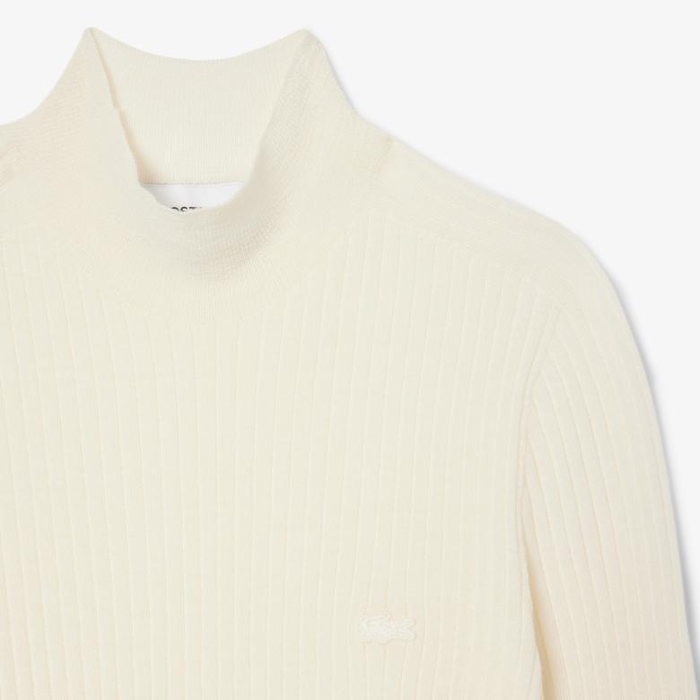 Lacoste Kadın Slim Fit Dik Yaka Beyaz Kazak
