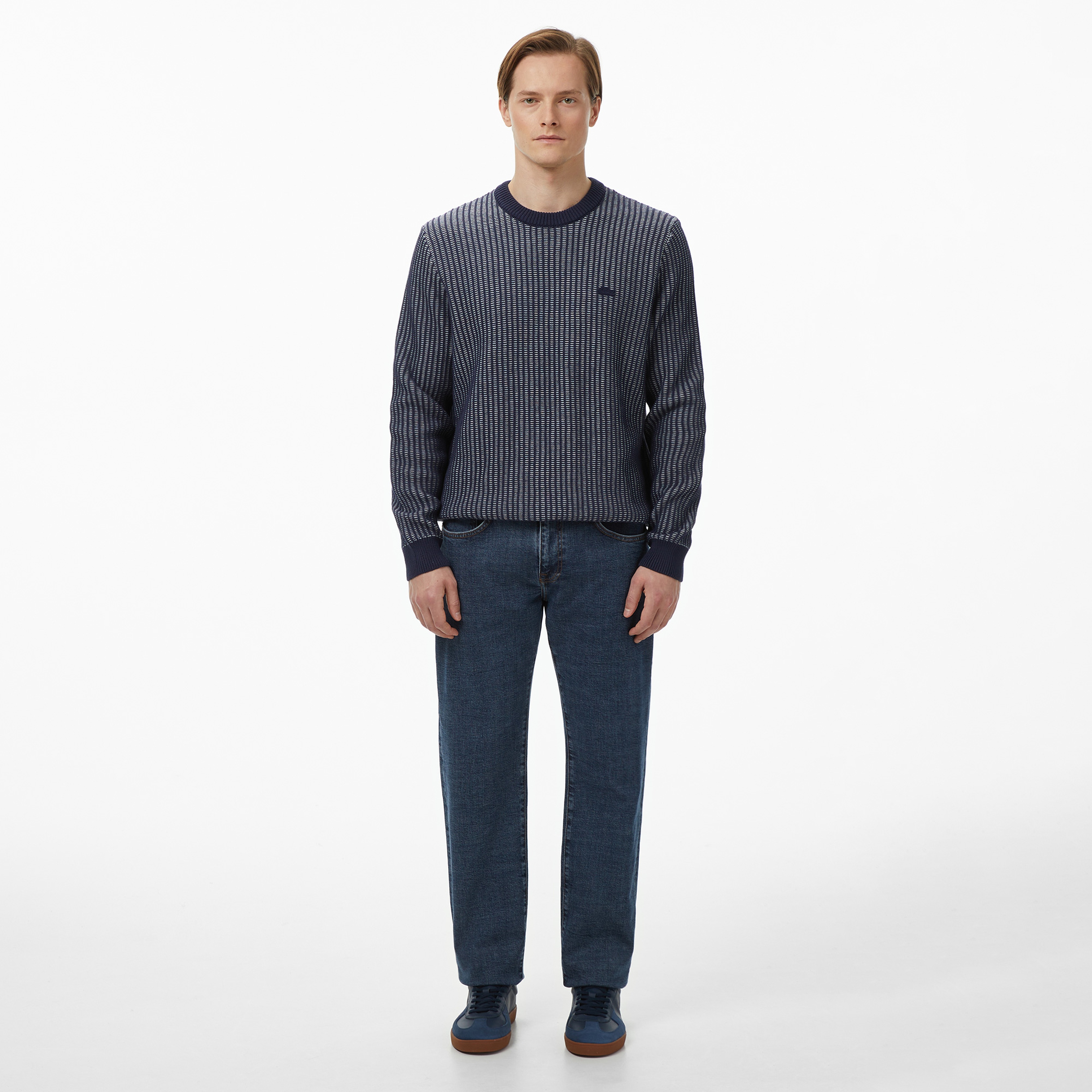 Lacoste Erkek Classic Fit Bisiklet Yaka Desenli Lacivert Kazak