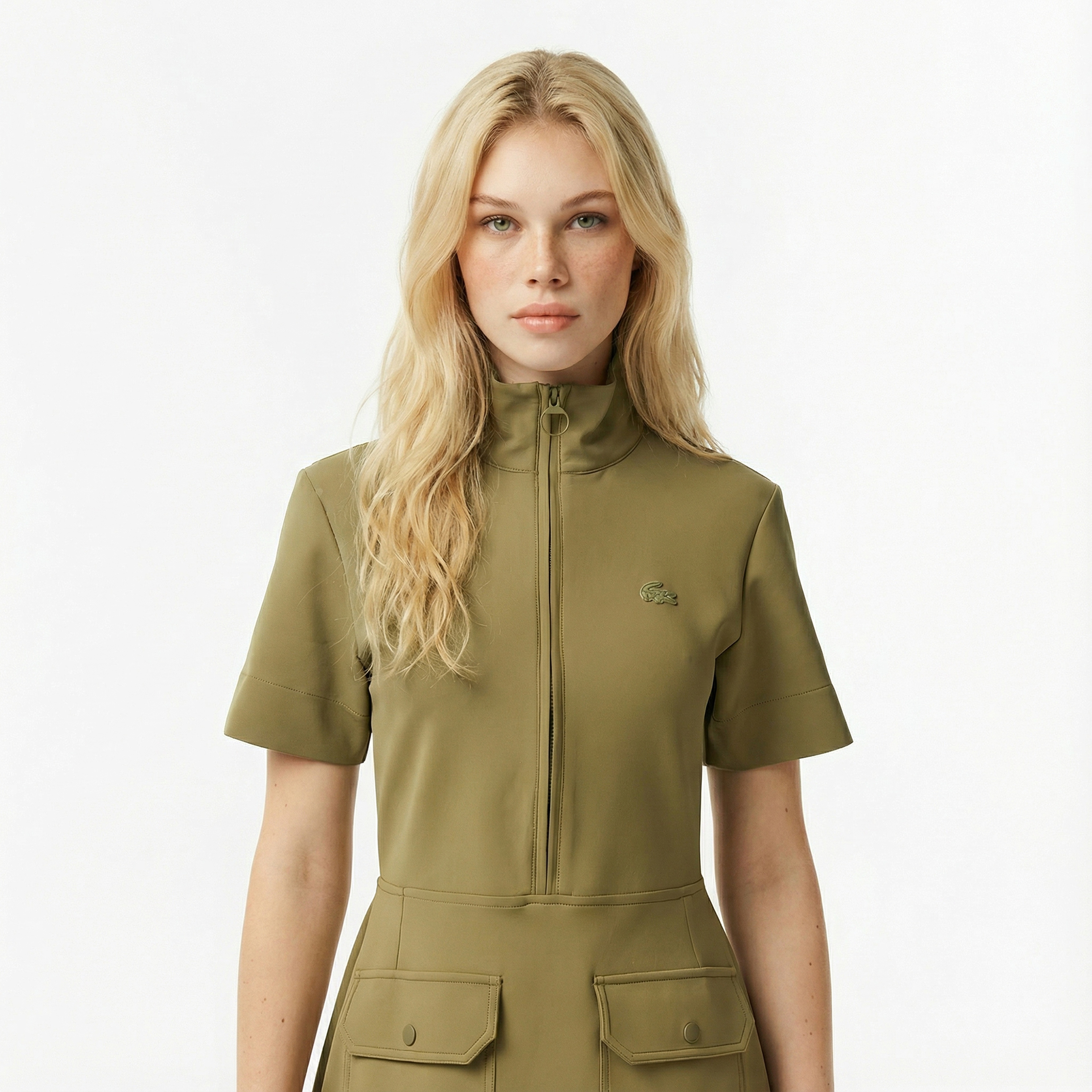 Kadın Classic Fit Kısa Kollu Dik Yaka Haki Elbise