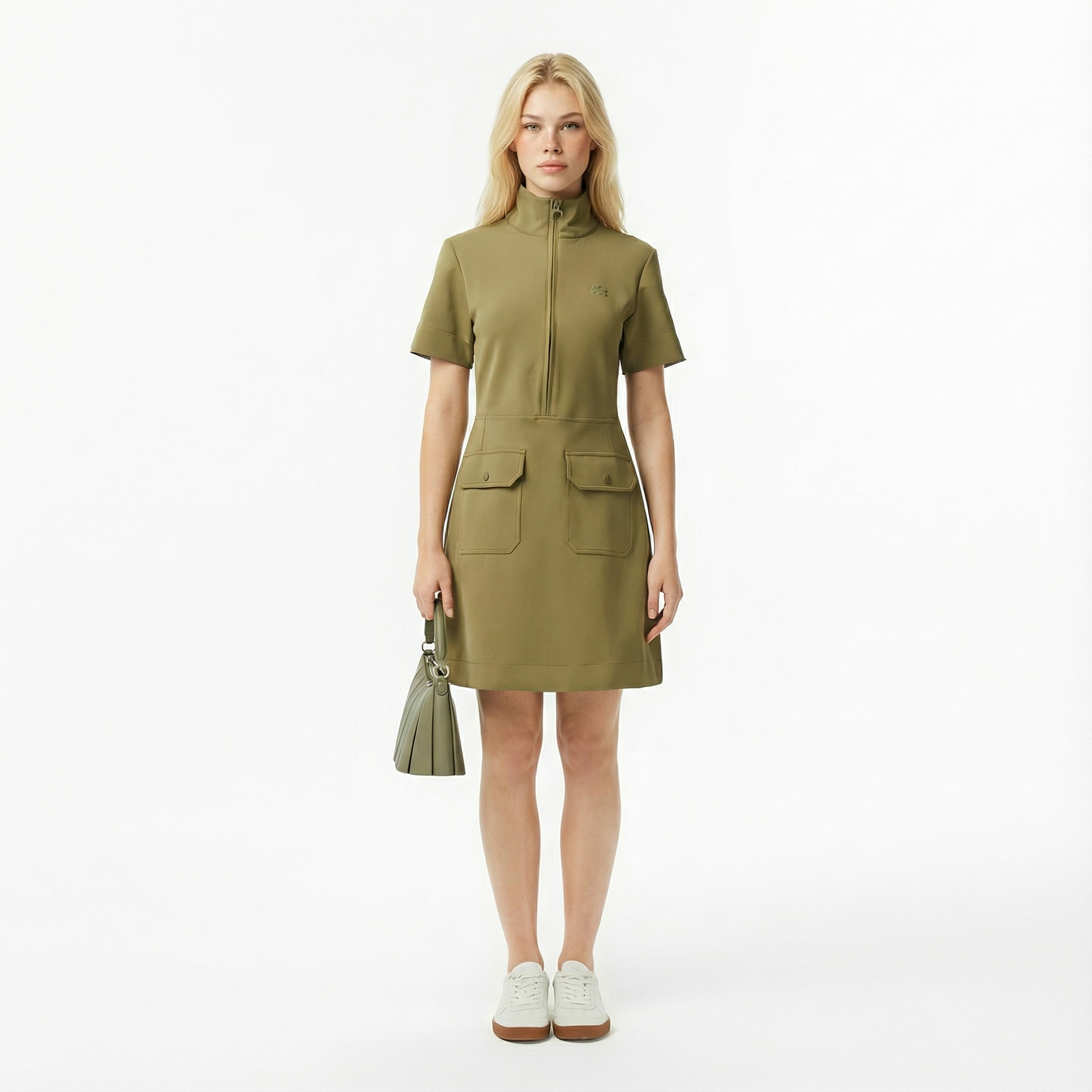 Kadın Classic Fit Kısa Kollu Dik Yaka Haki Elbise