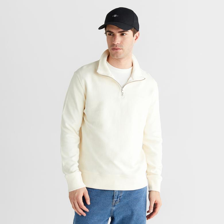 GANT Erkek Krem Yarım Fermuarlı Herringbone Kazak
