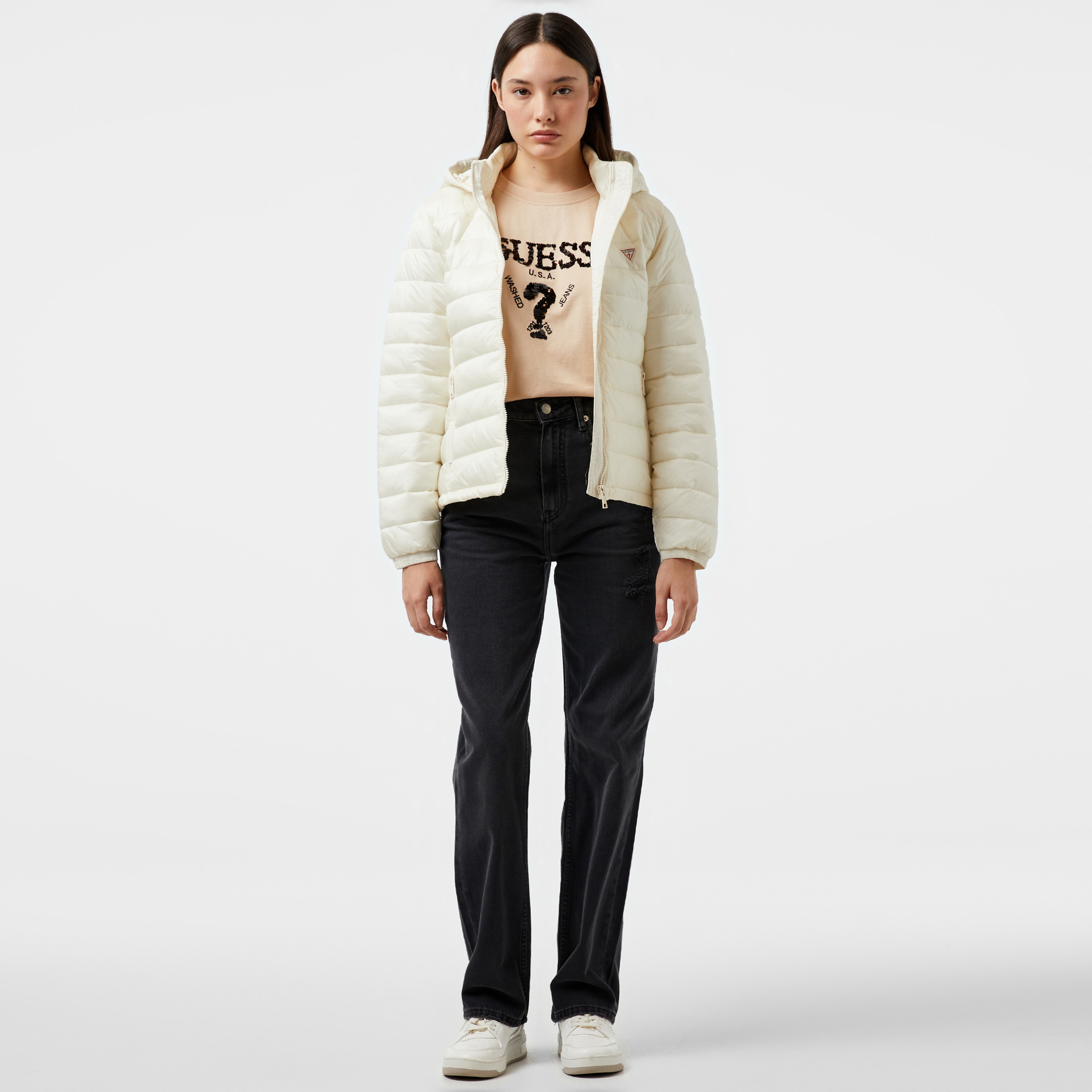 Guess Hooded Puffer Iridescent Nylon 40 Kadın Krem Rengi Mont