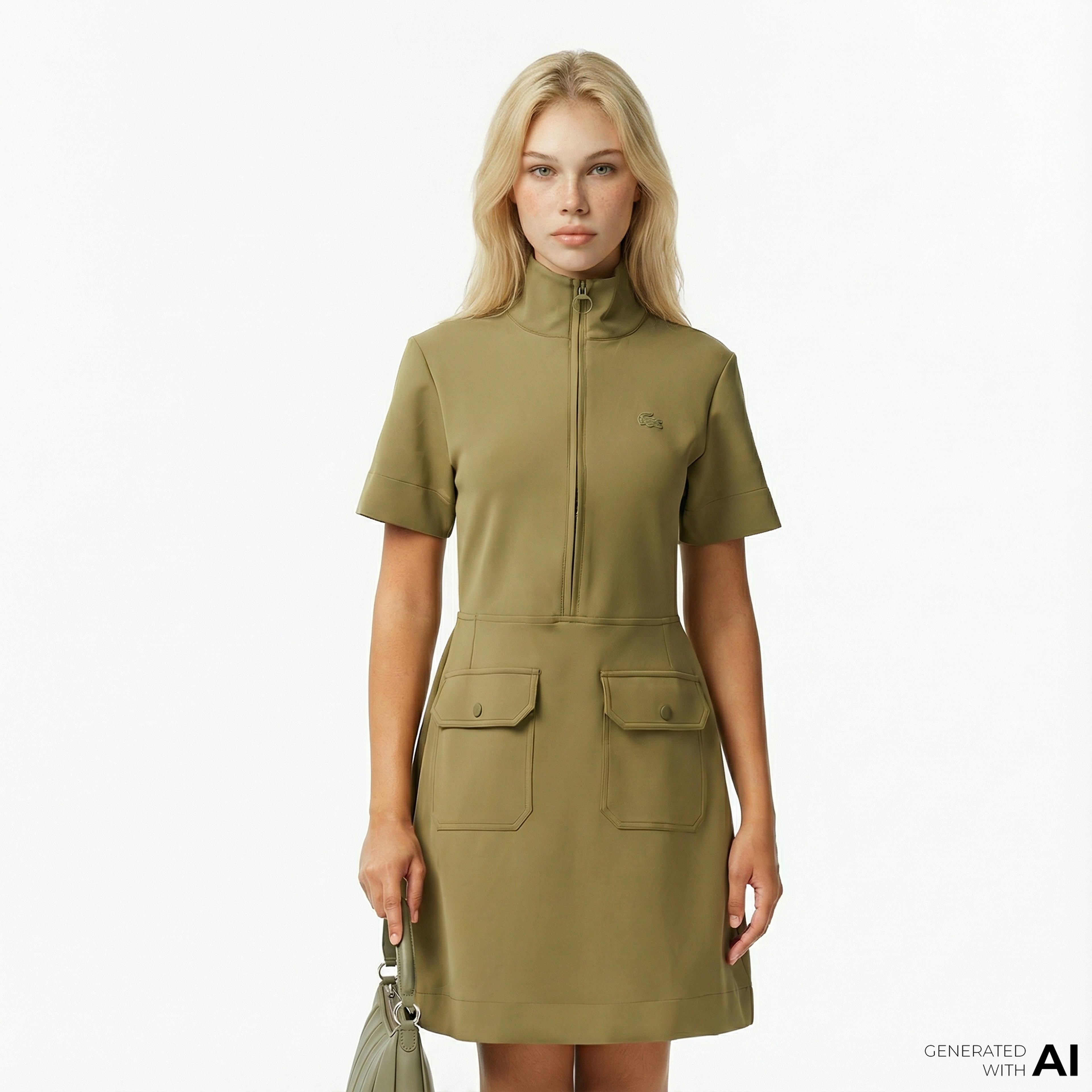 Kadın Classic Fit Kısa Kollu Dik Yaka Haki Elbise