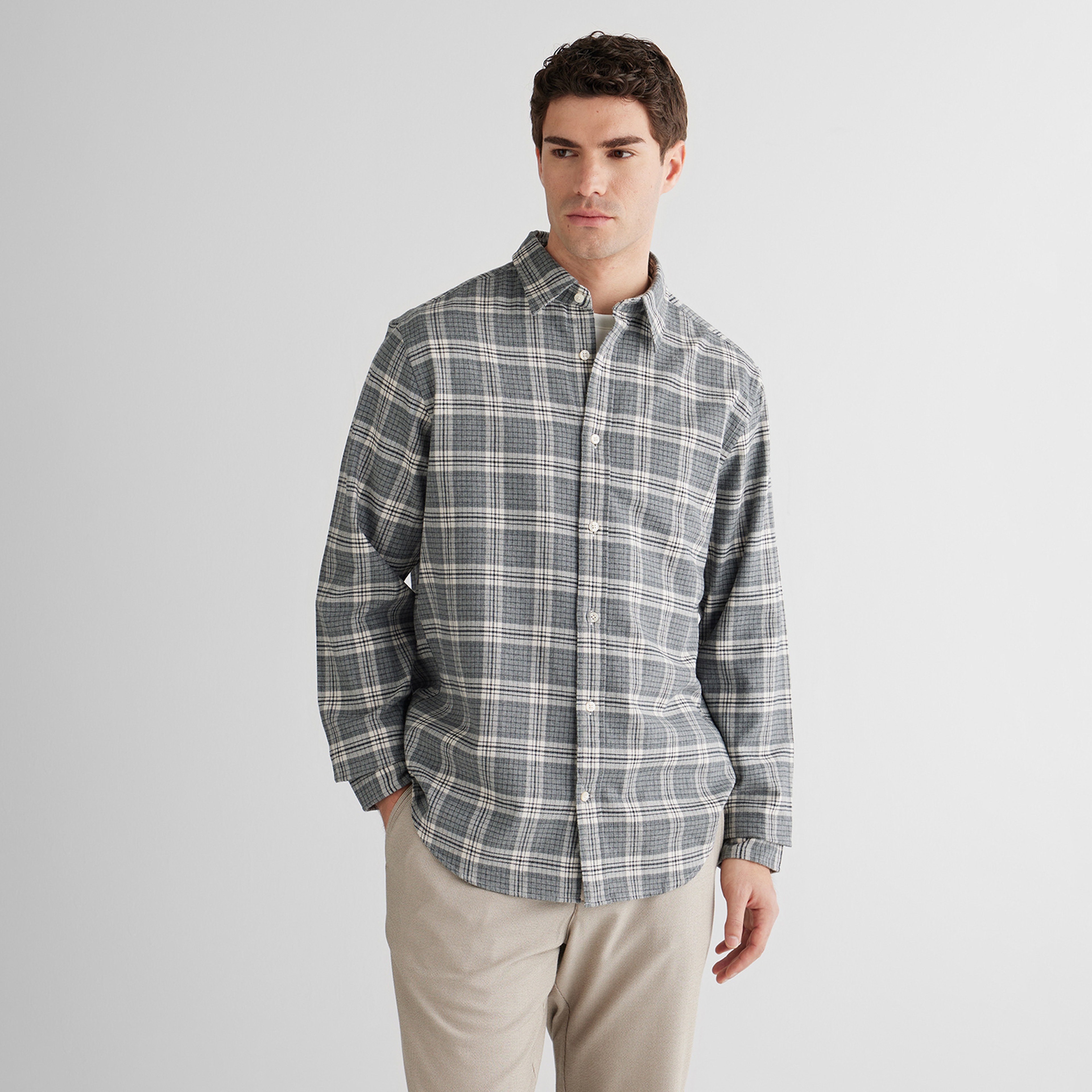 GANT Erkek Gri Regular Fit Bisiklet Yaka Gömlek