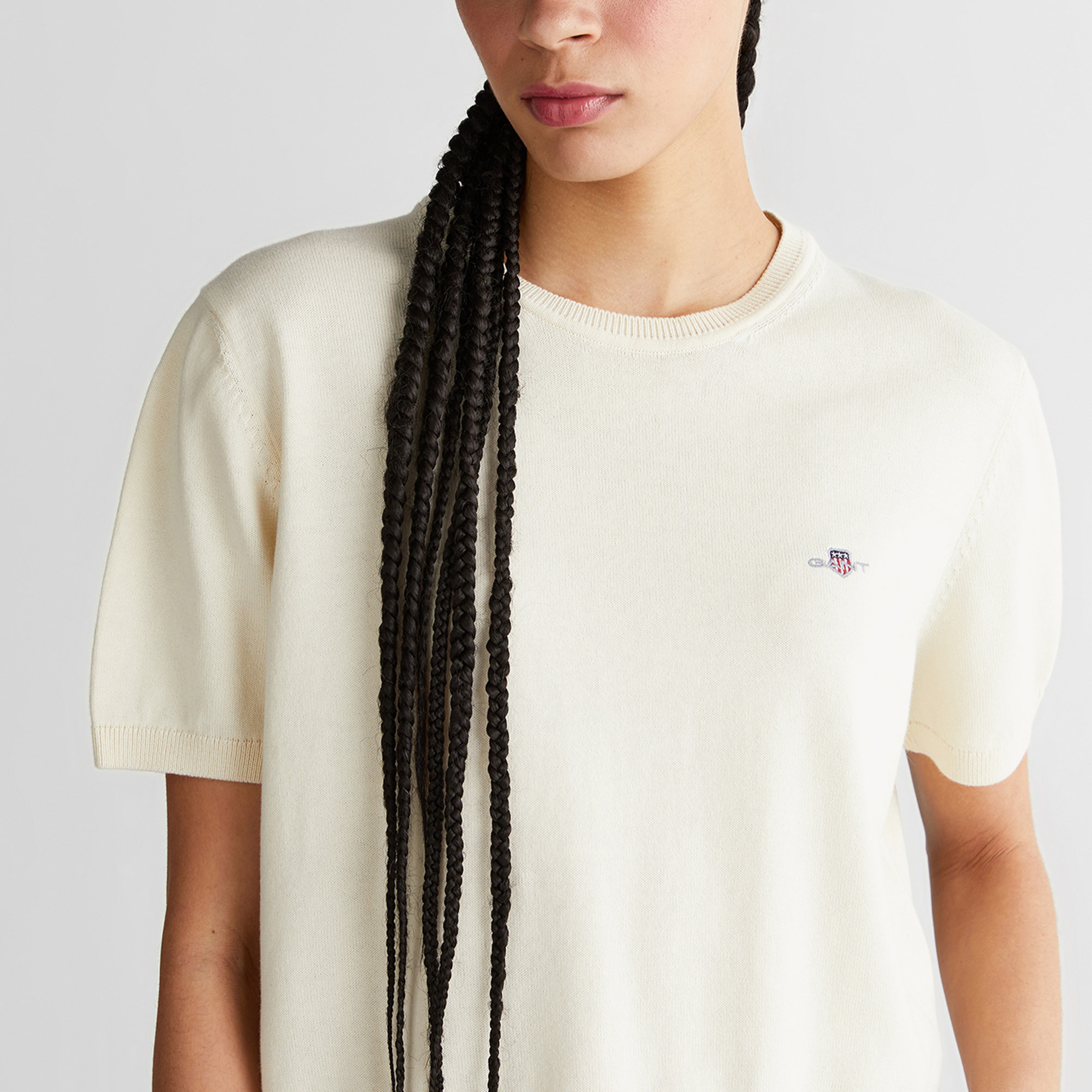 GANT Kadın Beyaz Regular Fit Bisiklet Yaka Kısa Kollu Triko