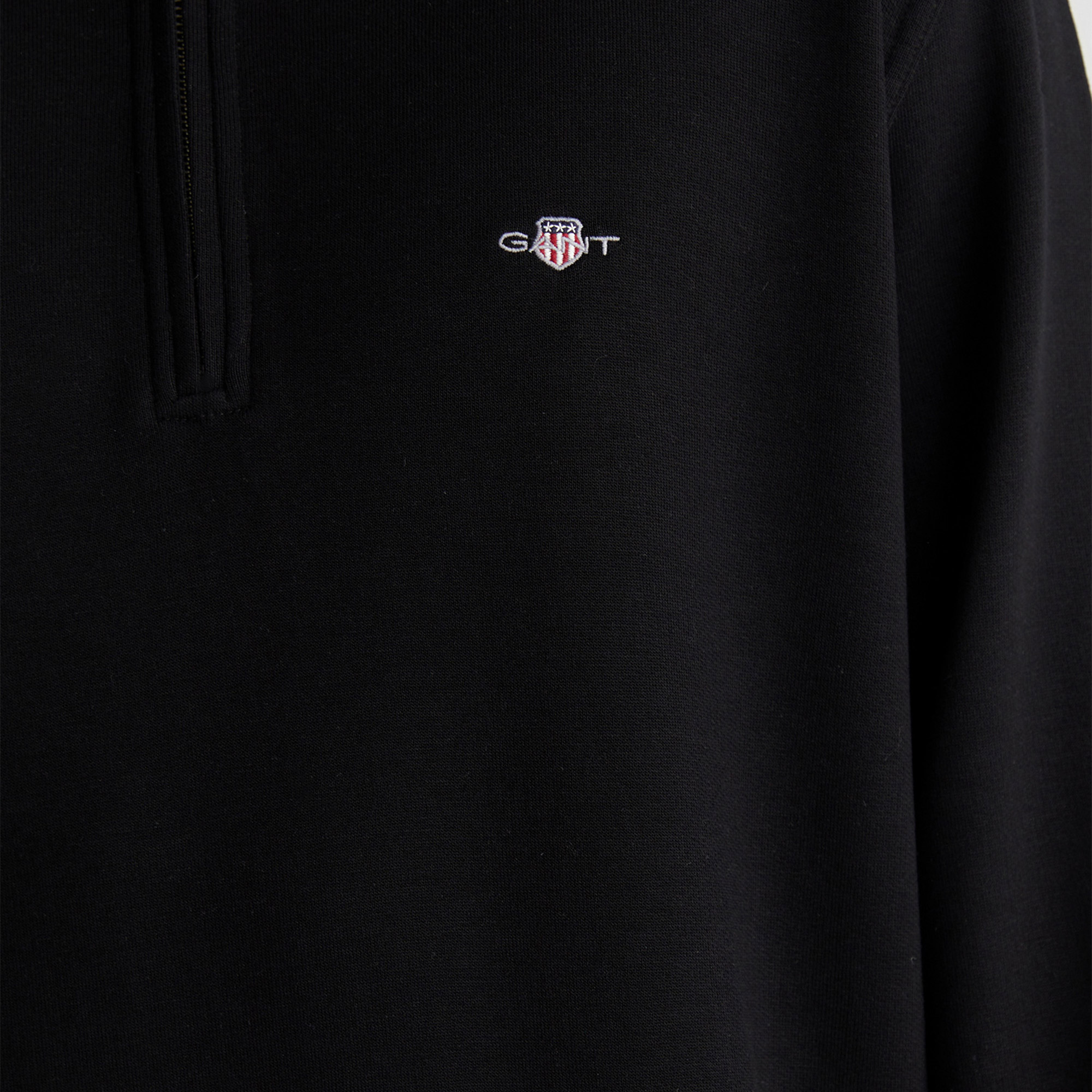GANT Erkek Siyah Relaxed Fit Yarım Fermuarlı Logolu Sweatshirt