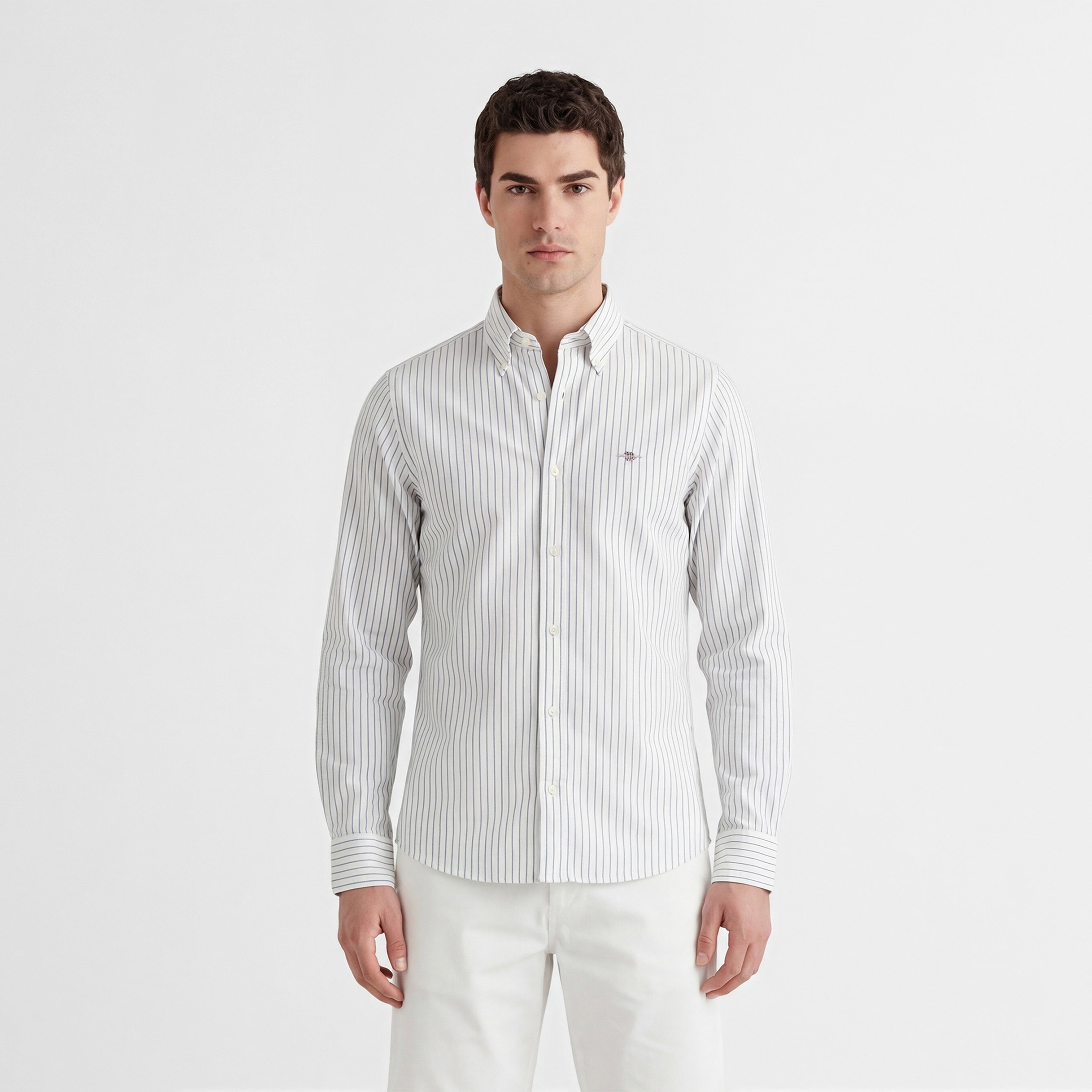 GANT Erkek Beyaz Slim Fit Çizgili Logolu Gömlek