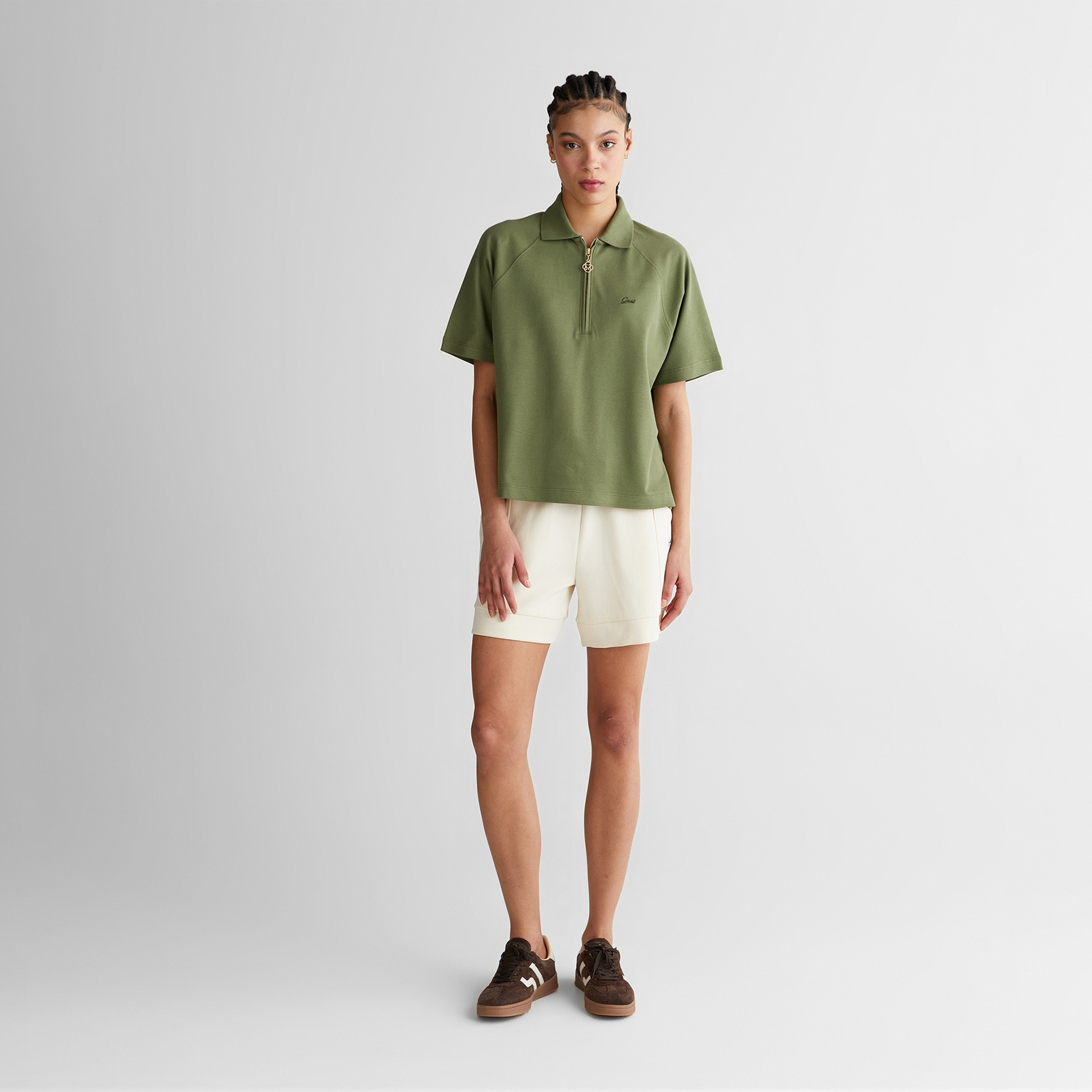 GANT Kadın Yeşil Regular Fit Yarım Fermuarlı Polo Yaka T-Shirt
