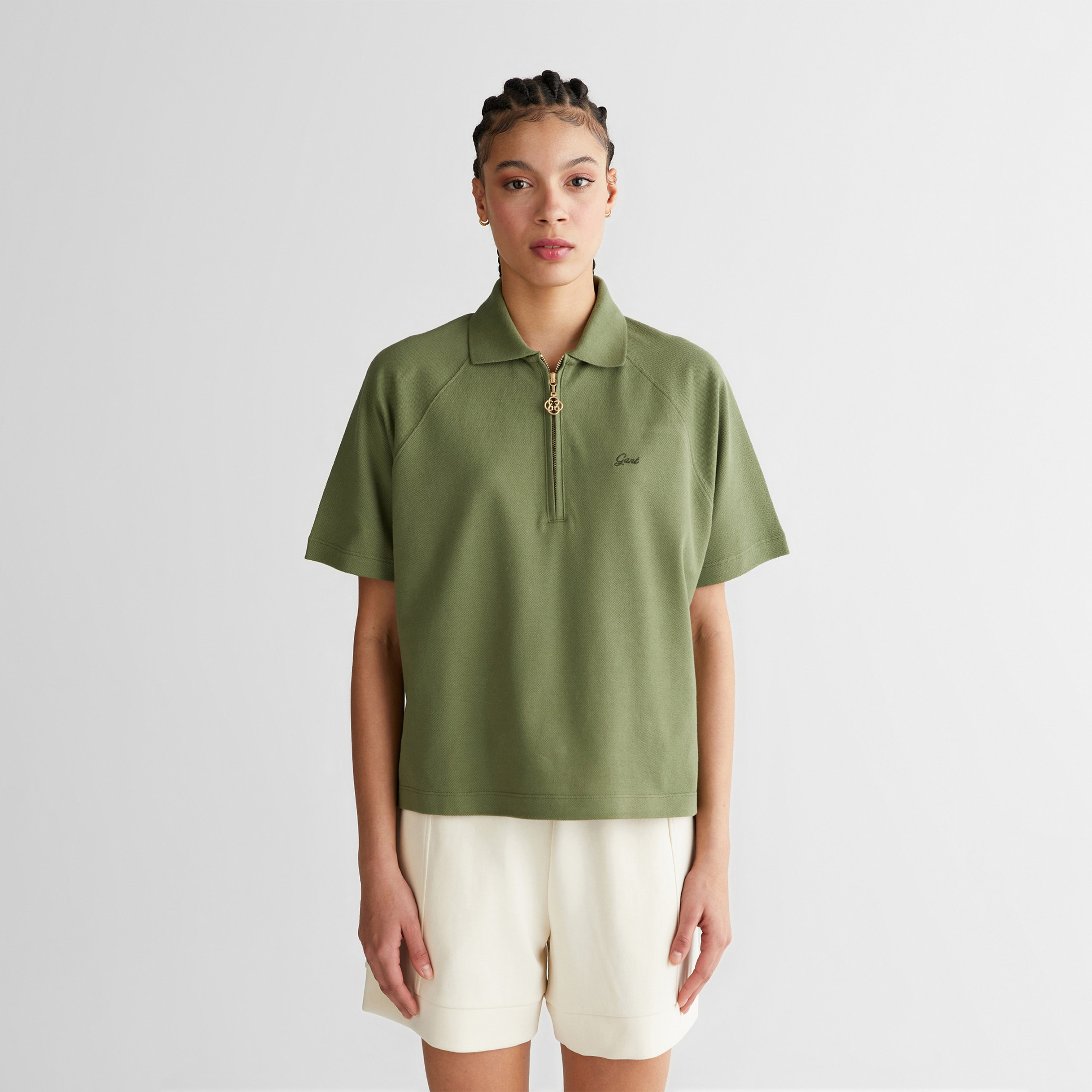 GANT Kadın Yeşil Regular Fit Yarım Fermuarlı Polo Yaka T-Shirt