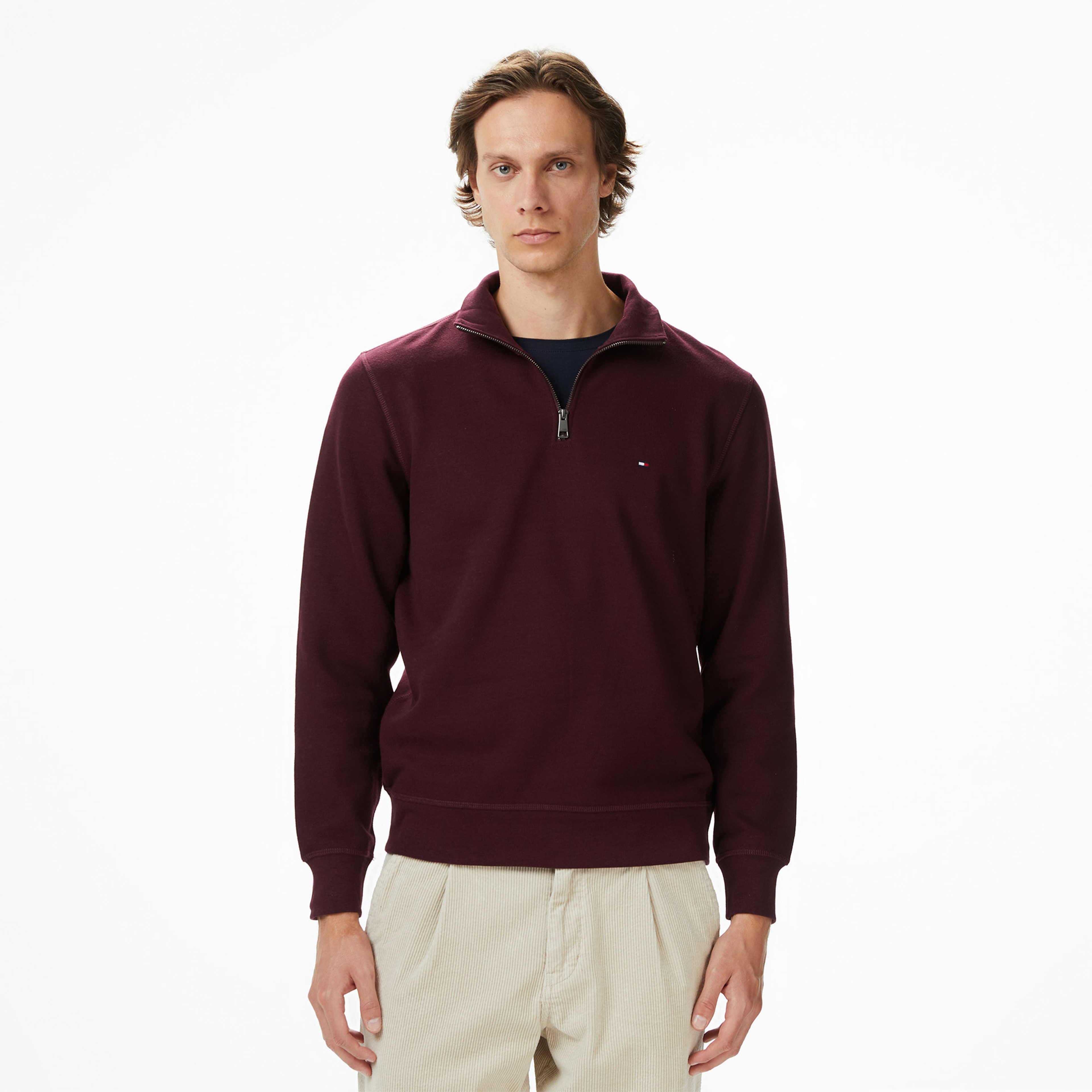 Tommy Hilfiger Essential Fleece 1/4 Erkek Yarım Fermuarlı Bordo Sweatshirt