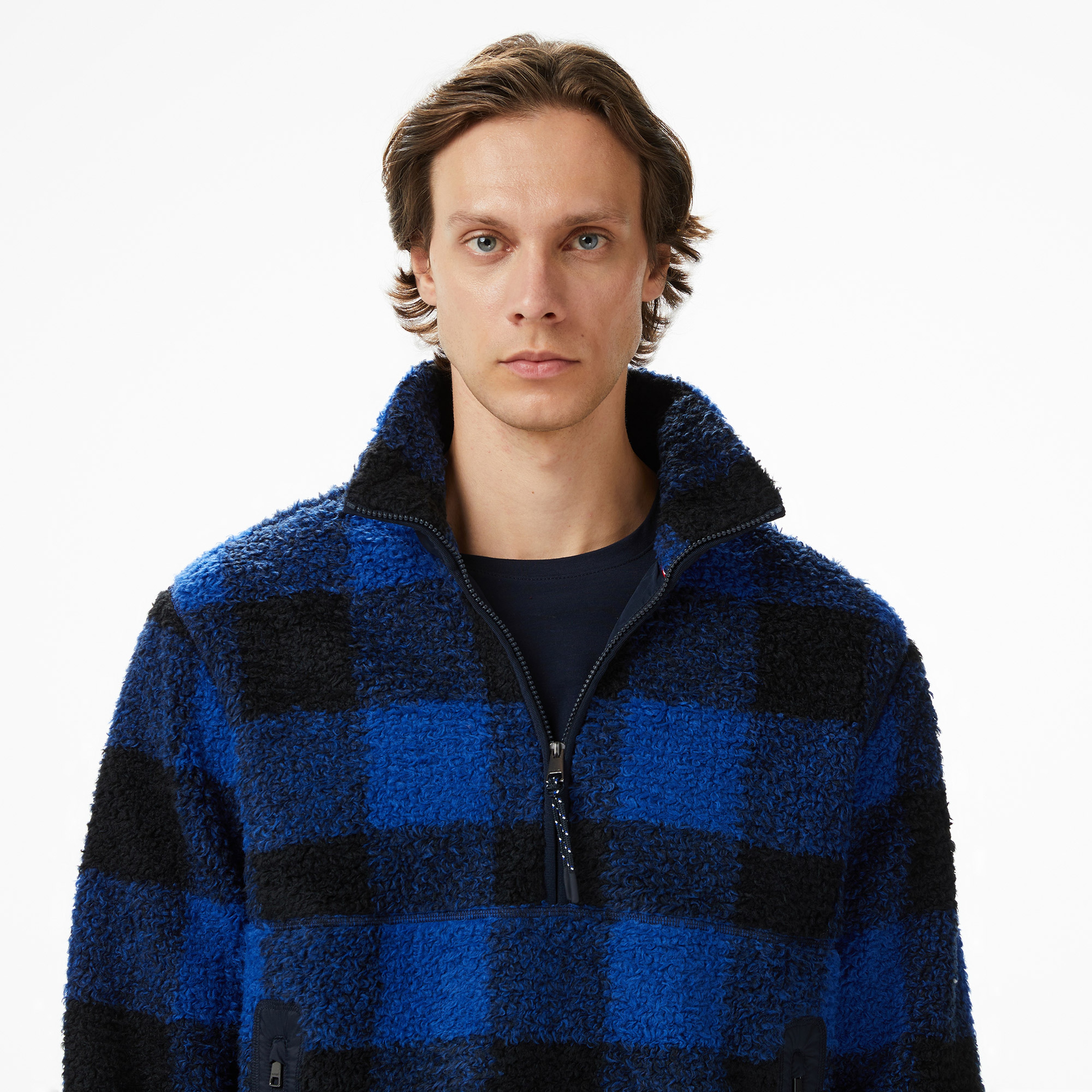 Tommy Hilfiger Teddy Fleece Check Pull Over Erkek Mavi Sweatshirt