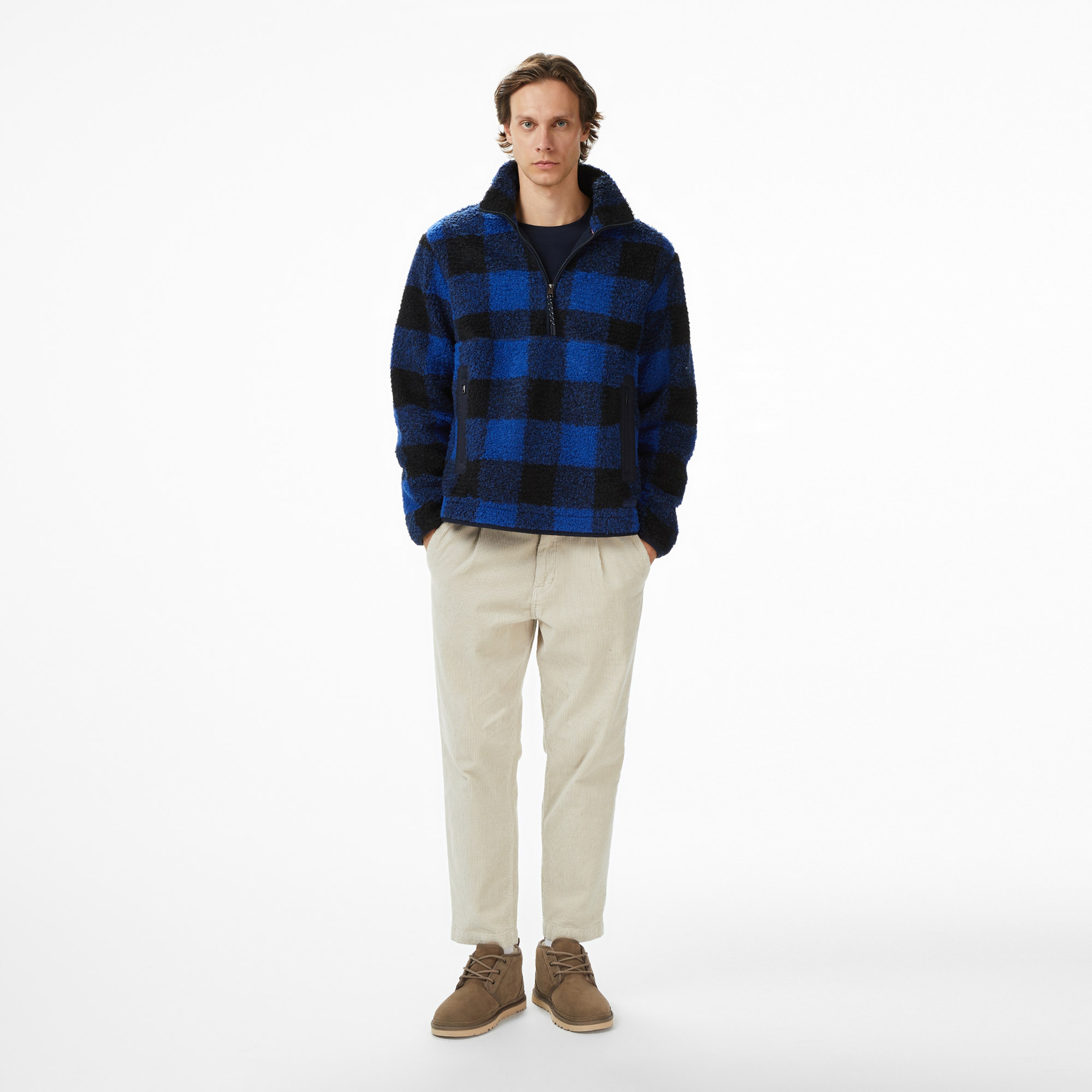 Tommy Hilfiger Teddy Fleece Check Pull Over Erkek Mavi Sweatshirt