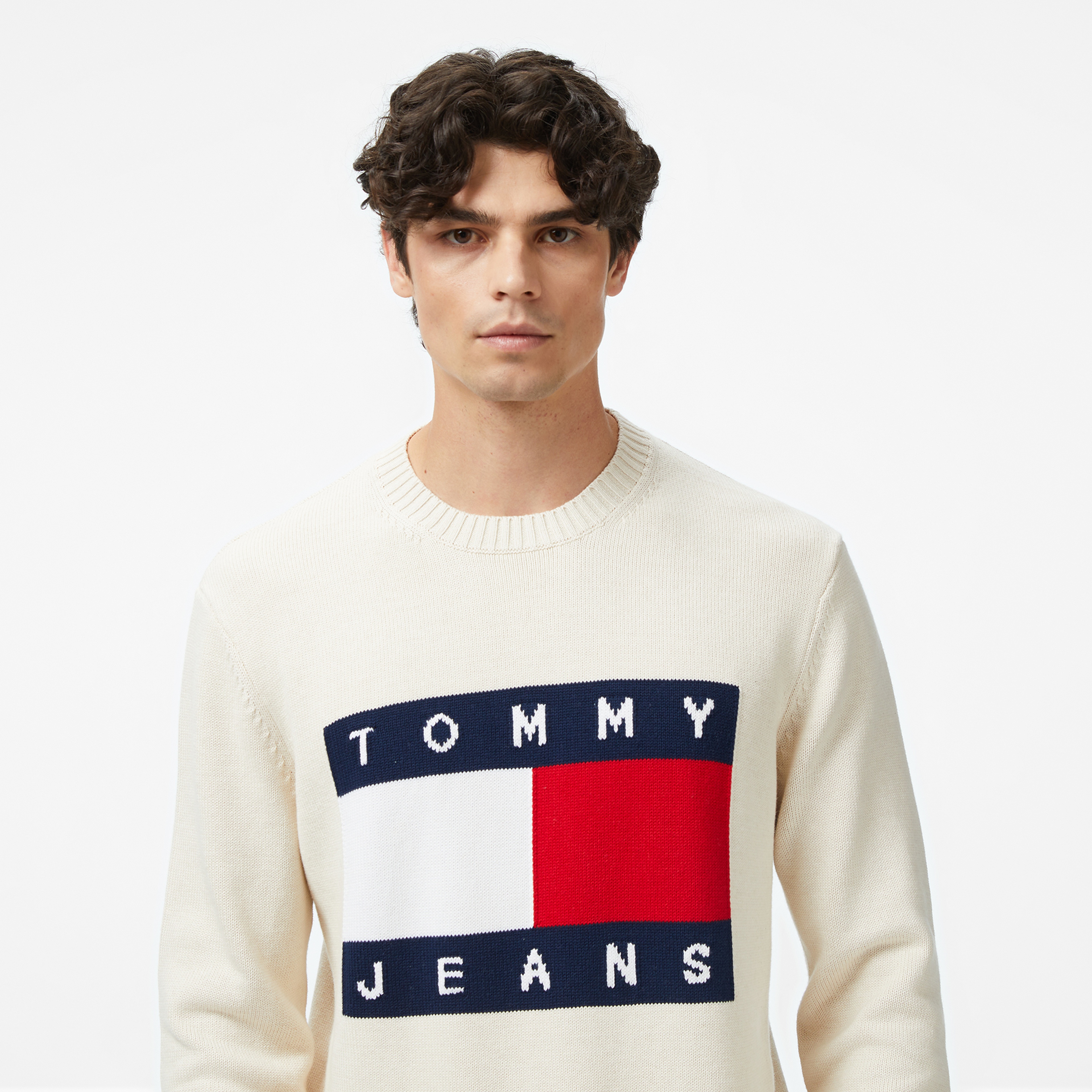 Tommy Jeans Regular Melange Flag Erkek Bej Kazak