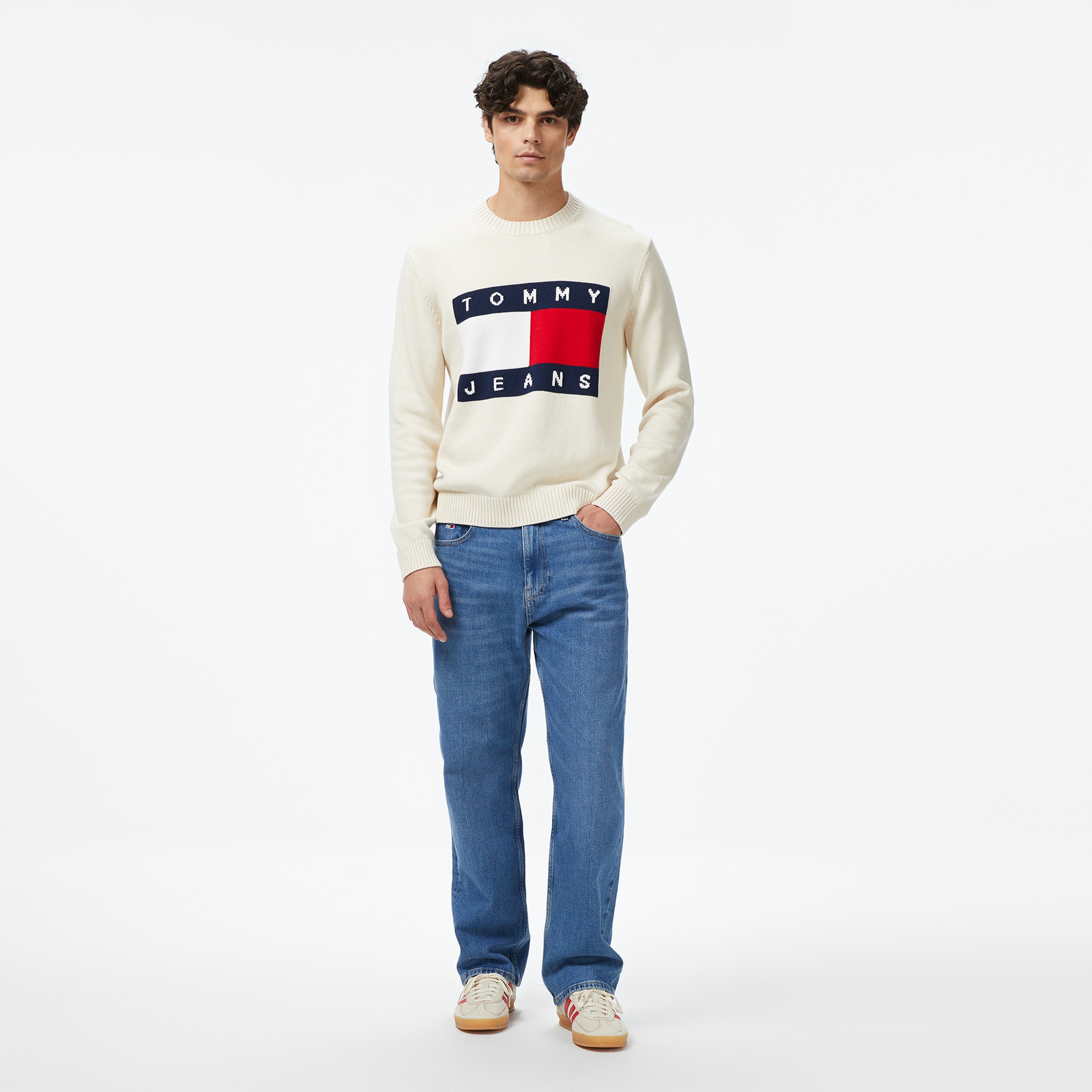 Tommy Jeans Regular Melange Flag Erkek Bej Kazak