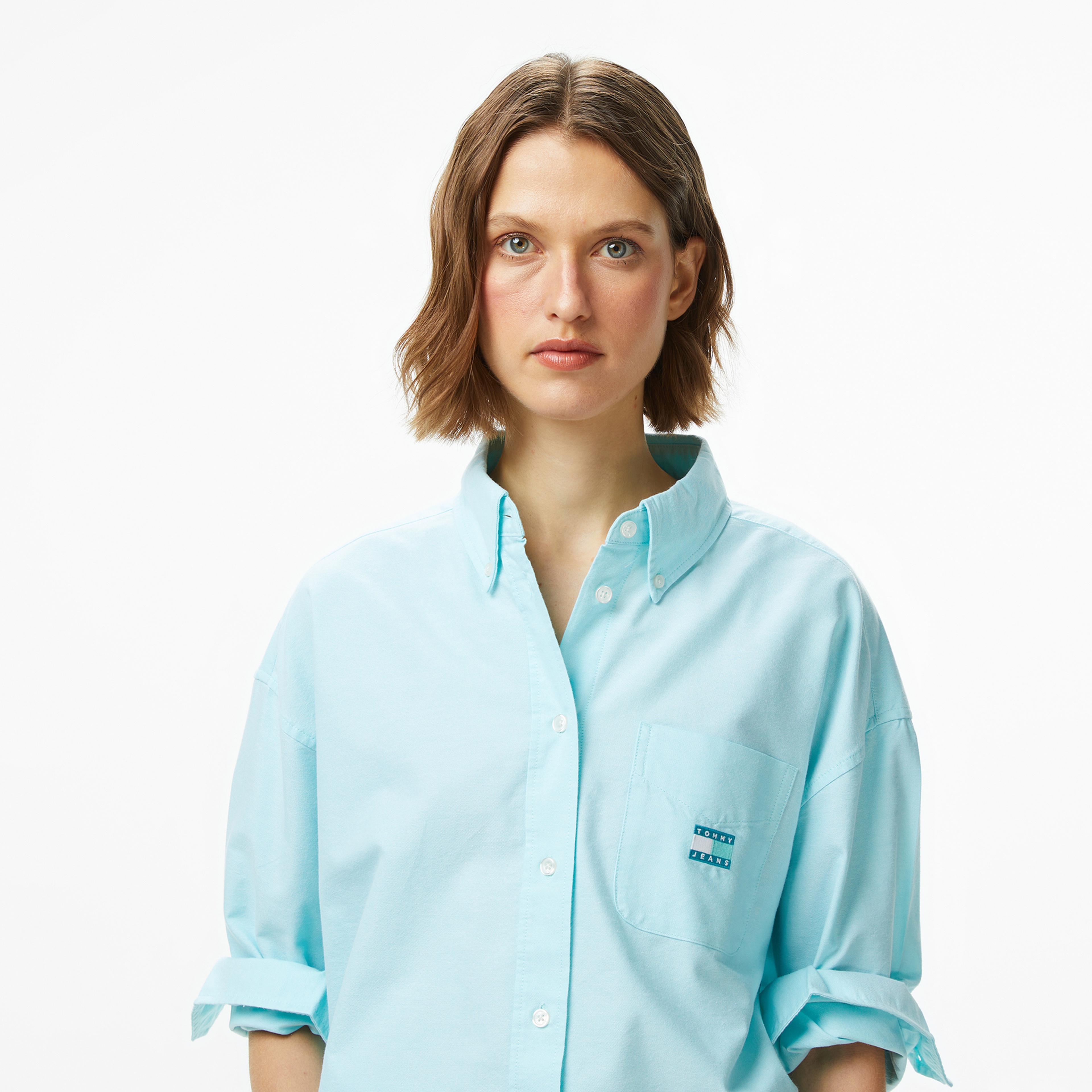 Tommy Jeans Oversize Badge Oxford Kadın Mavi Gömlek