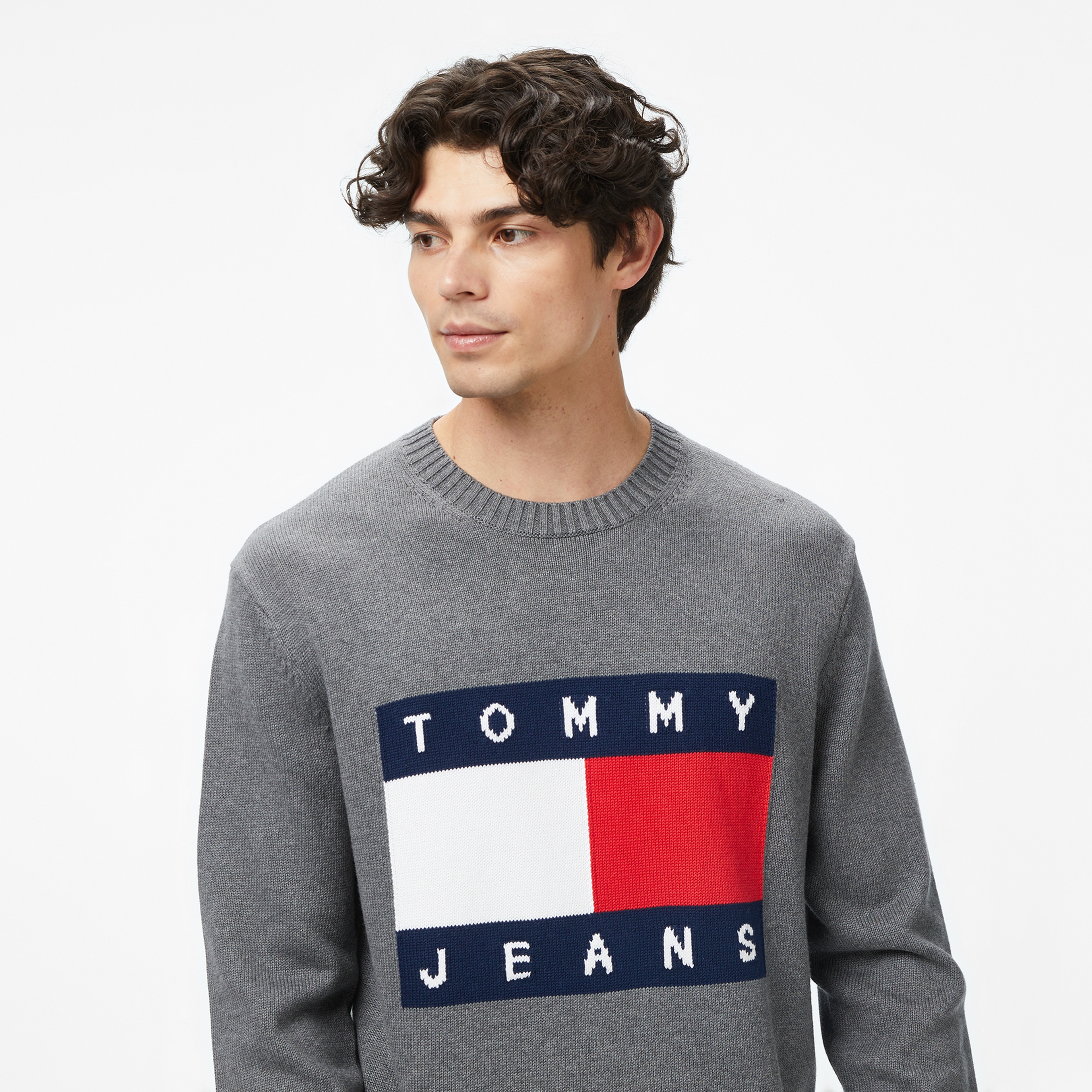 Tommy Jeans Regular Melange Flag Erkek Gri Kazak