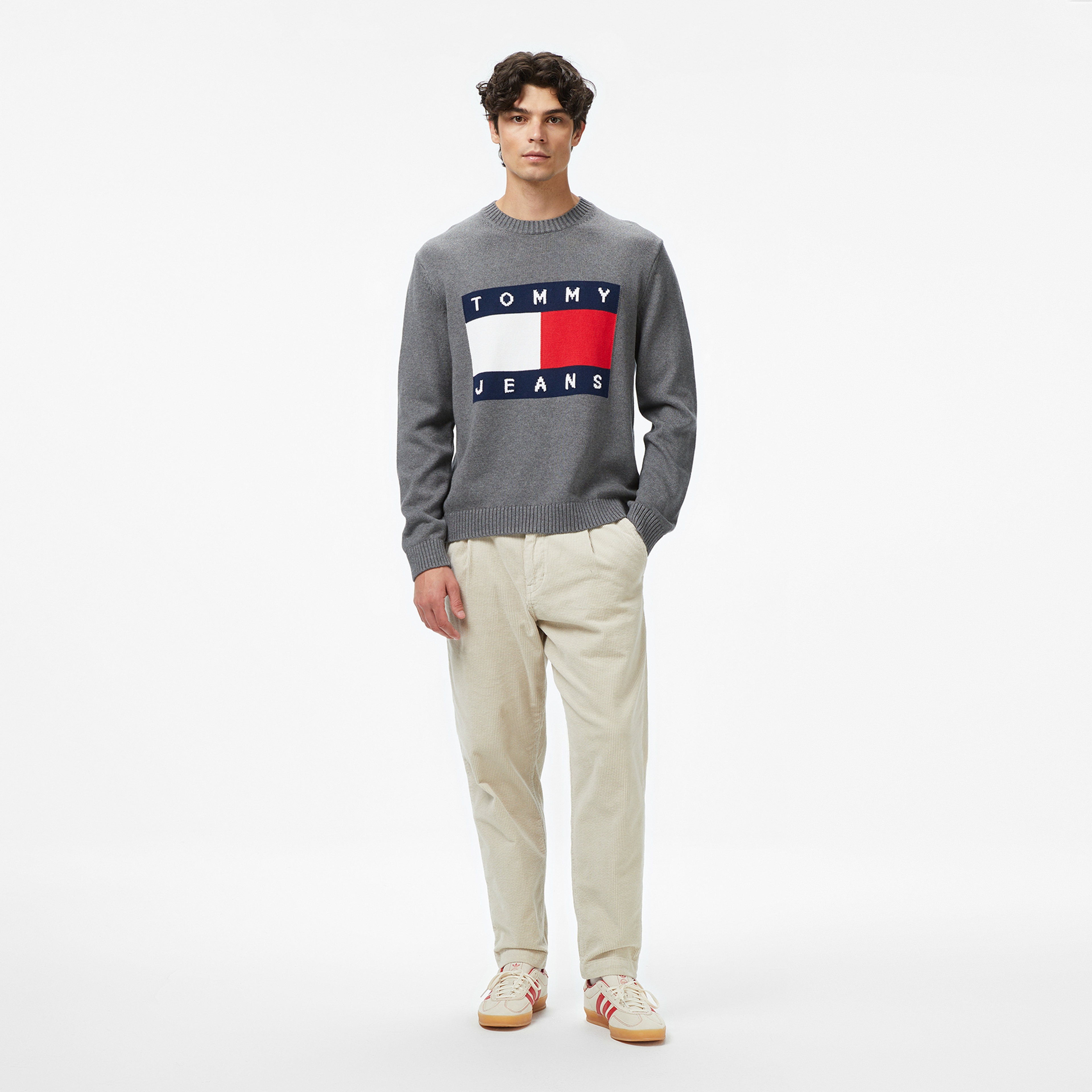 Tommy Jeans Regular Melange Flag Erkek Gri Kazak