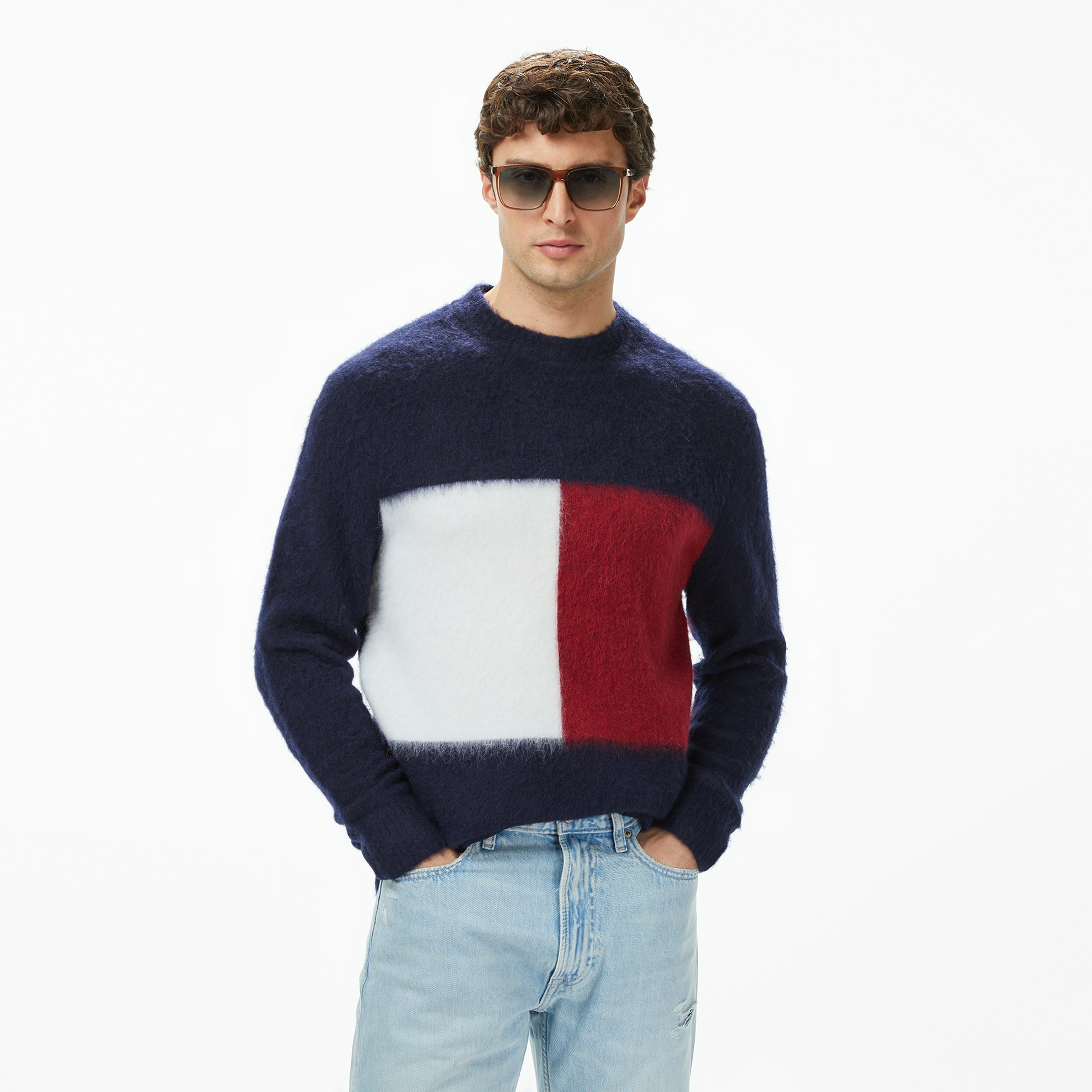 Tommy Hilfiger Alpaca Blend Big Flag Yuvarlak Yaka Erkek Lacivert Kazak