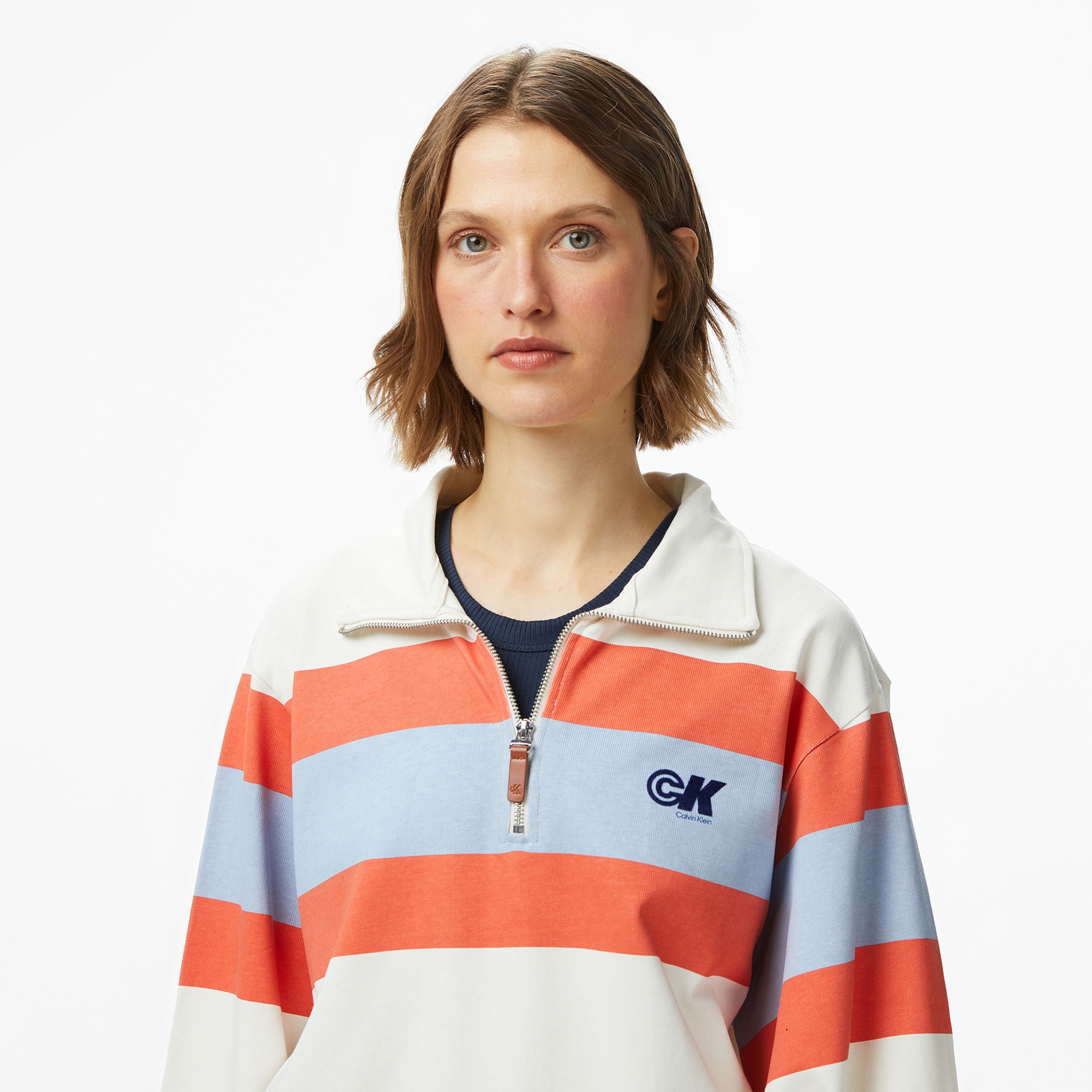 Calvin Klein Rugby Jersey Zip Stripe Kadın Beyaz Sweatshirt