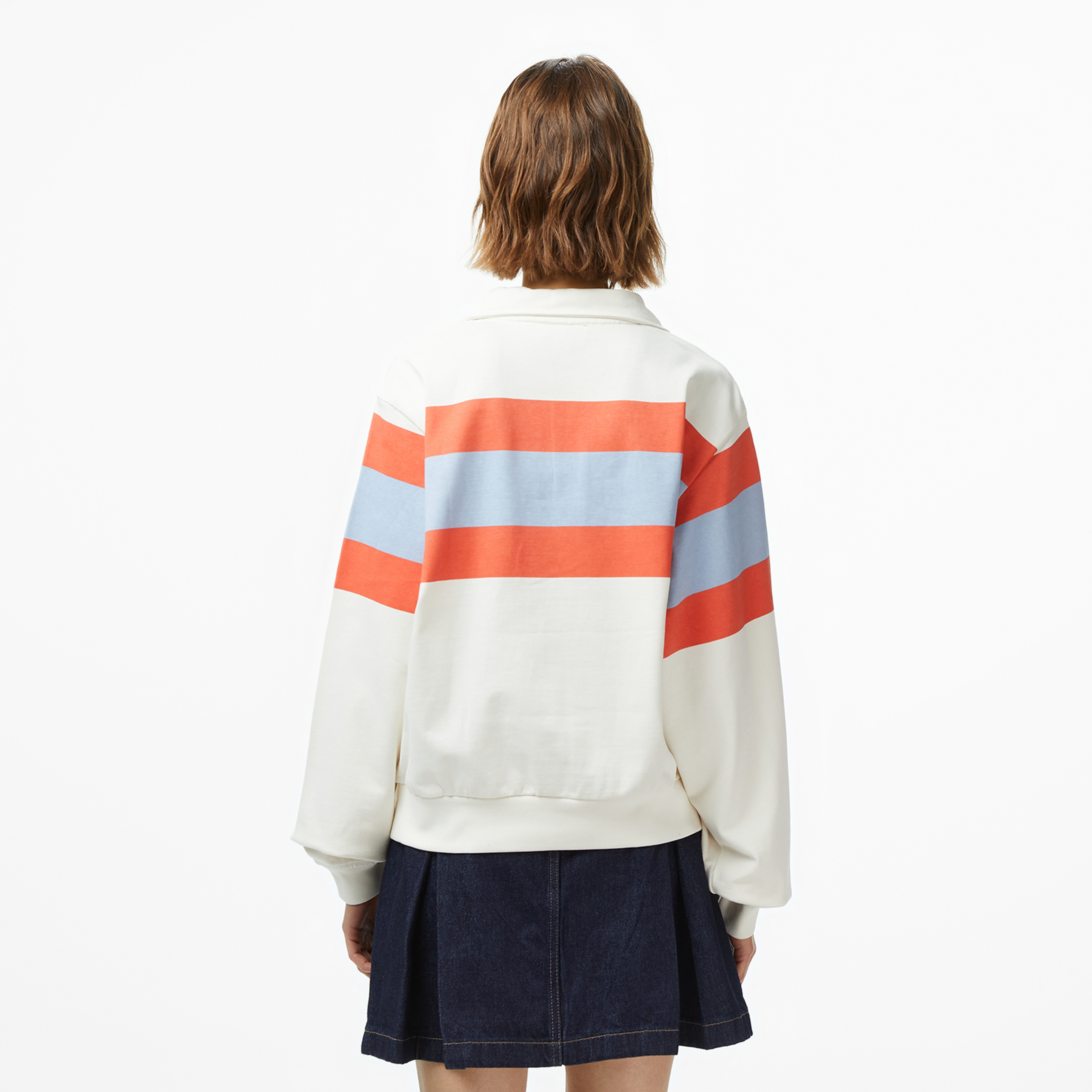 Calvin Klein Rugby Jersey Zip Stripe Kadın Beyaz Sweatshirt