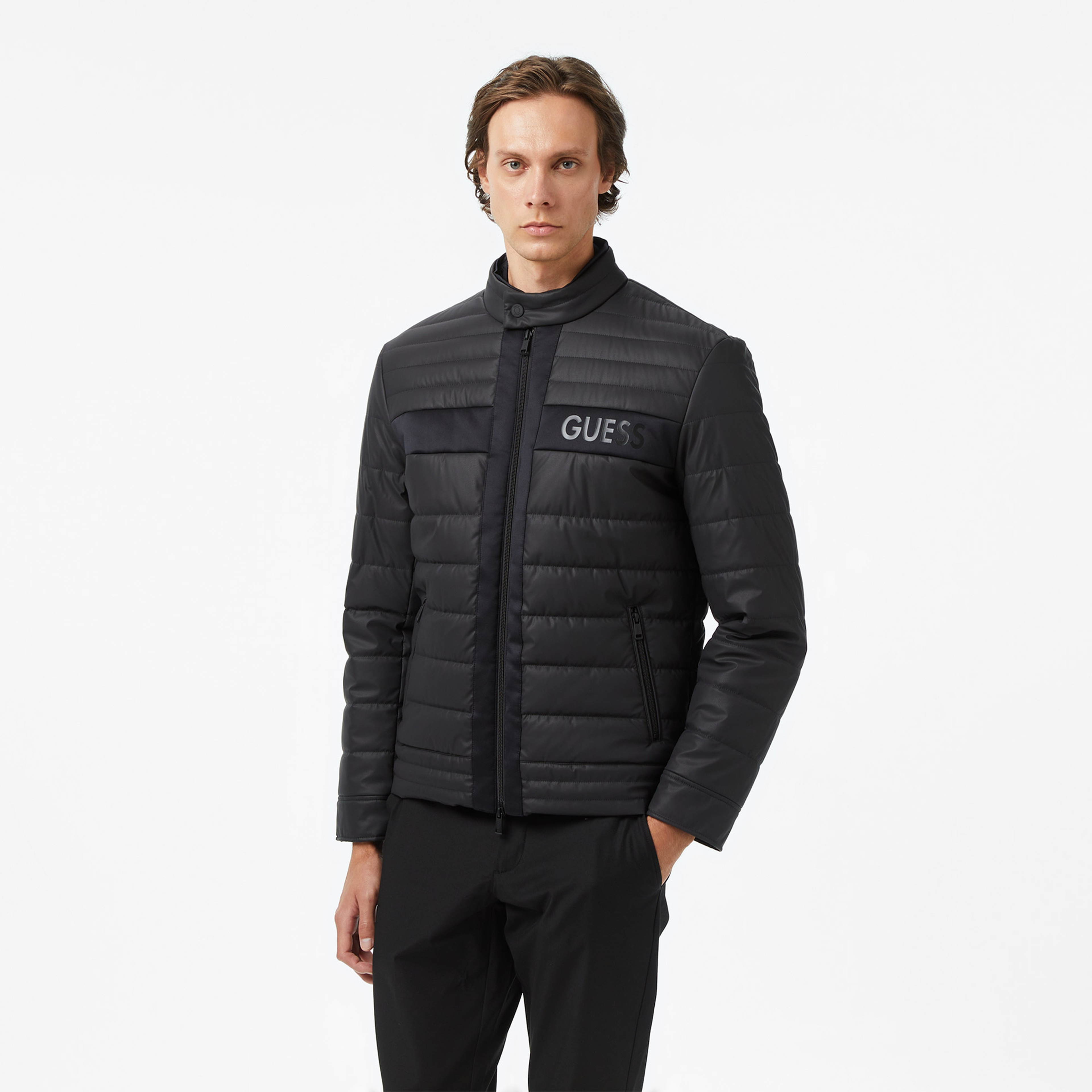 Guess Quilted Biker Erkek Siyah Ceket