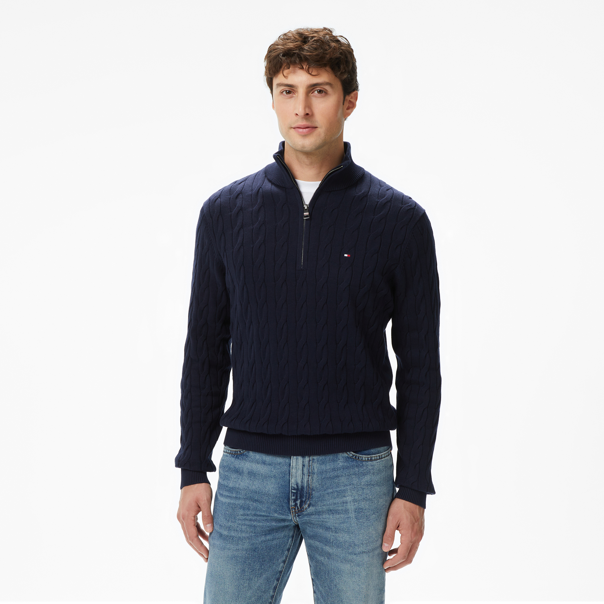Tommy Hilfiger Classic Cotton Cable Zip Mock Erkek Mavi Yarım