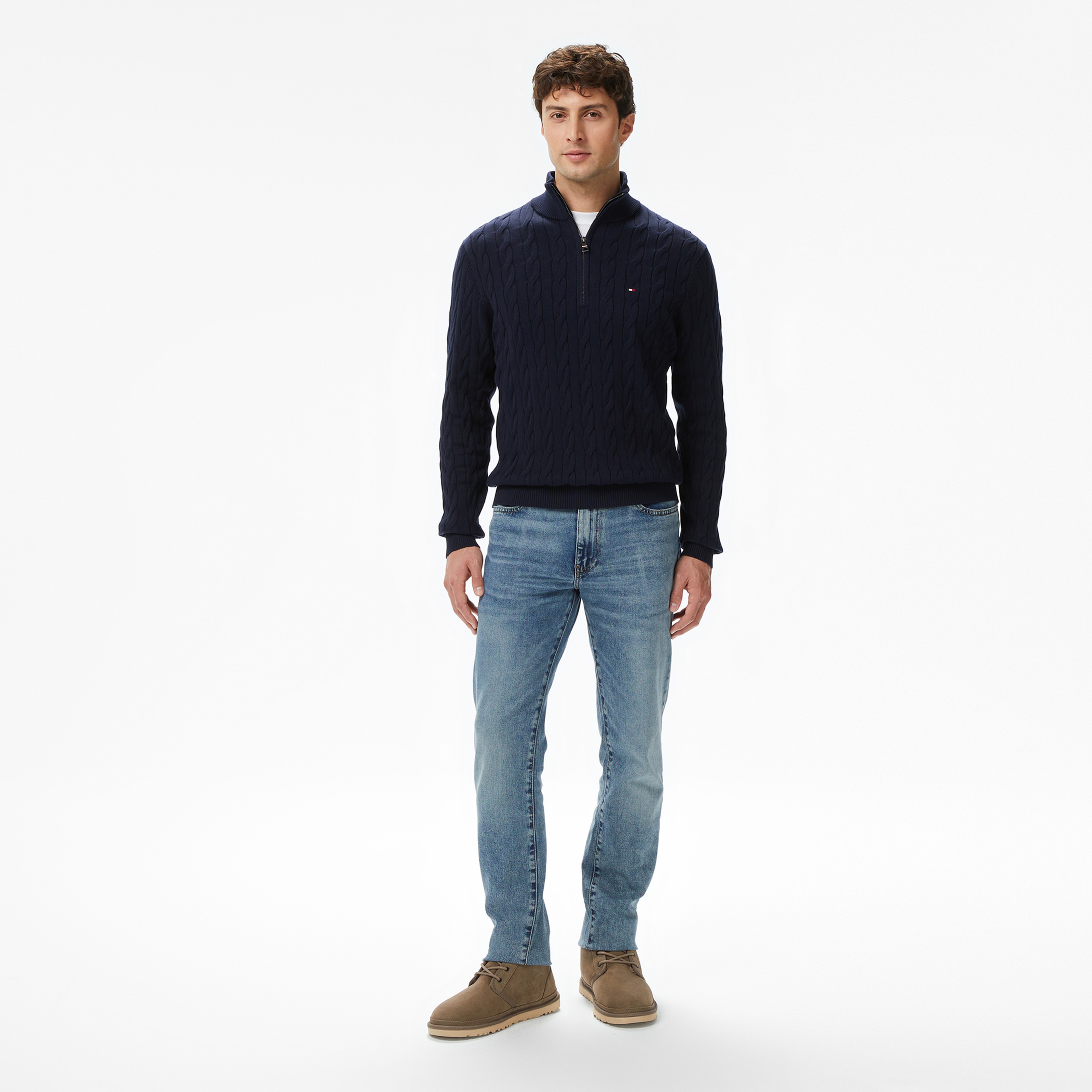 Tommy Hilfiger Classic Cotton Cable Zip Mock Erkek Mavi Yarım Fermuarlı Triko