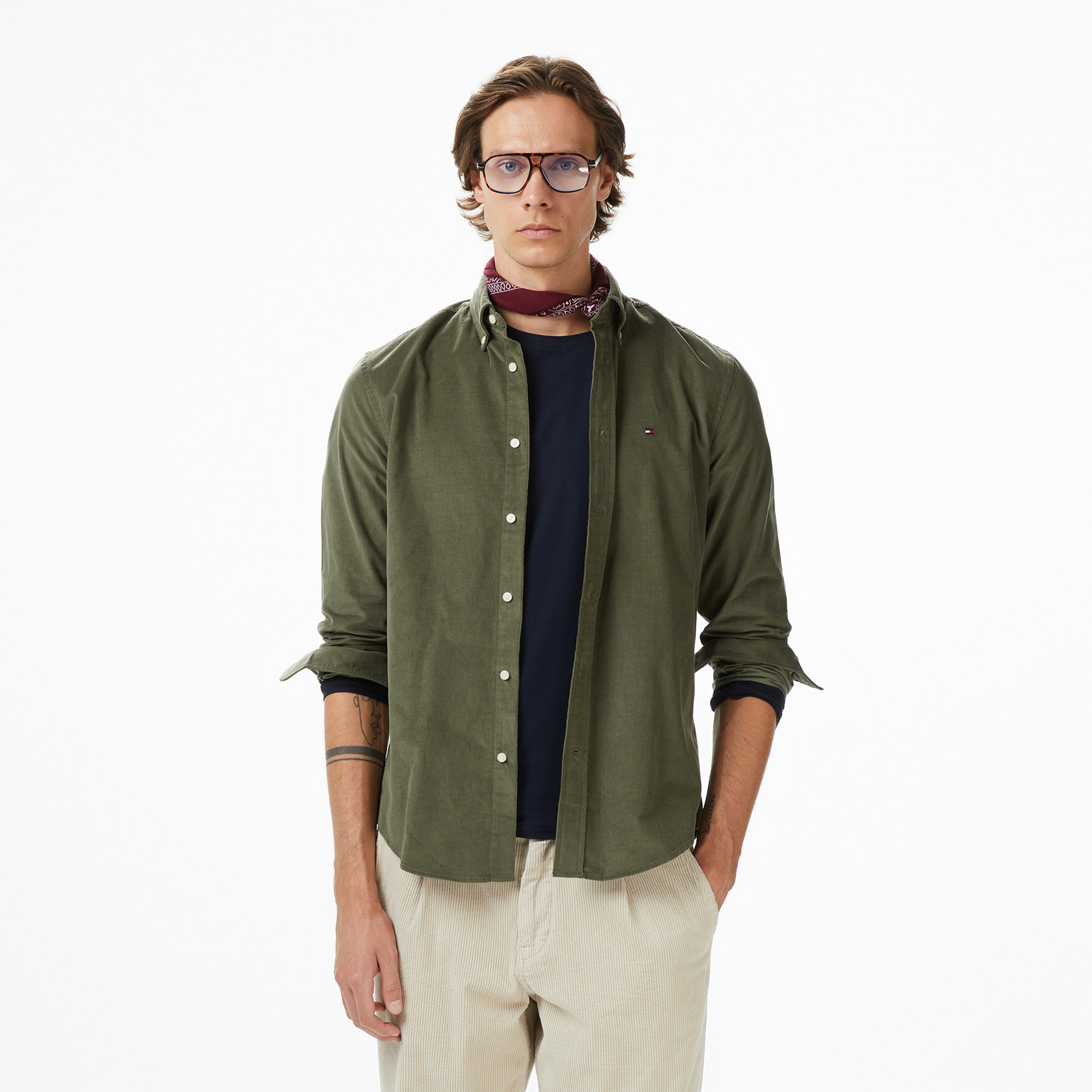Tommy Hilfiger Solid Corduroy Erkek Yeşil Gömlek