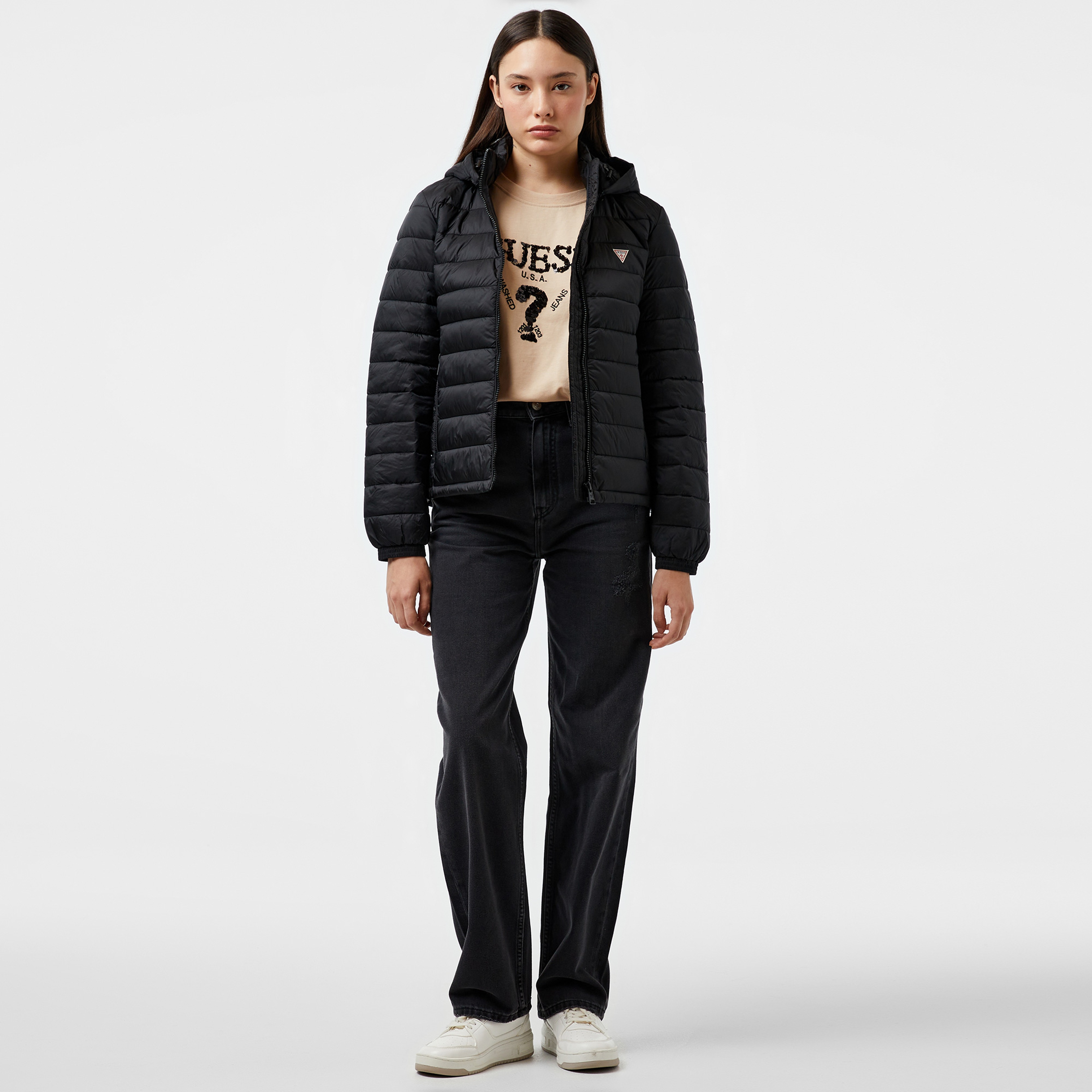 Guess Hooded PufferKadın Siyah Mont