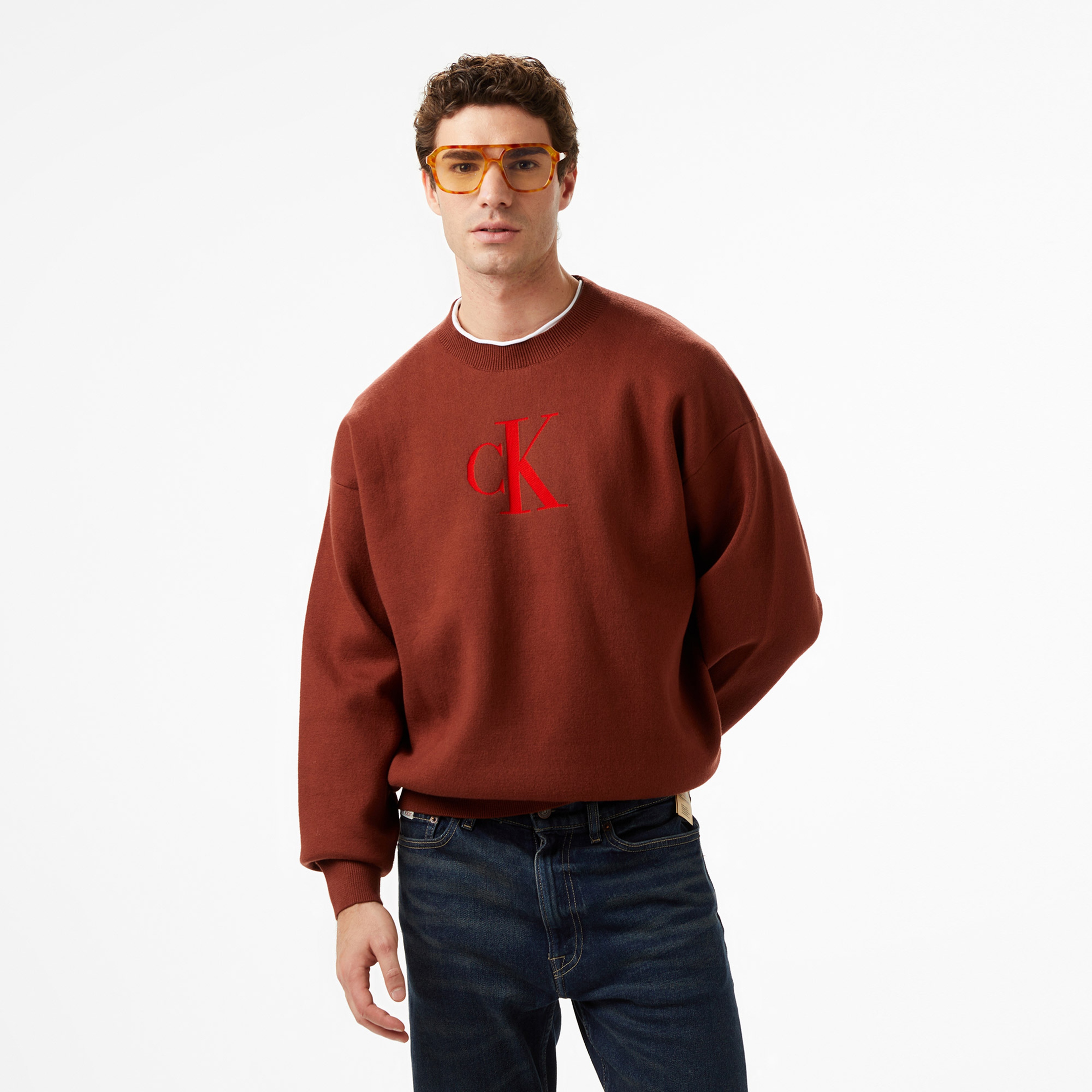 Calvin Klein Cashmere 3D Logo Erkek Kırmızı Triko