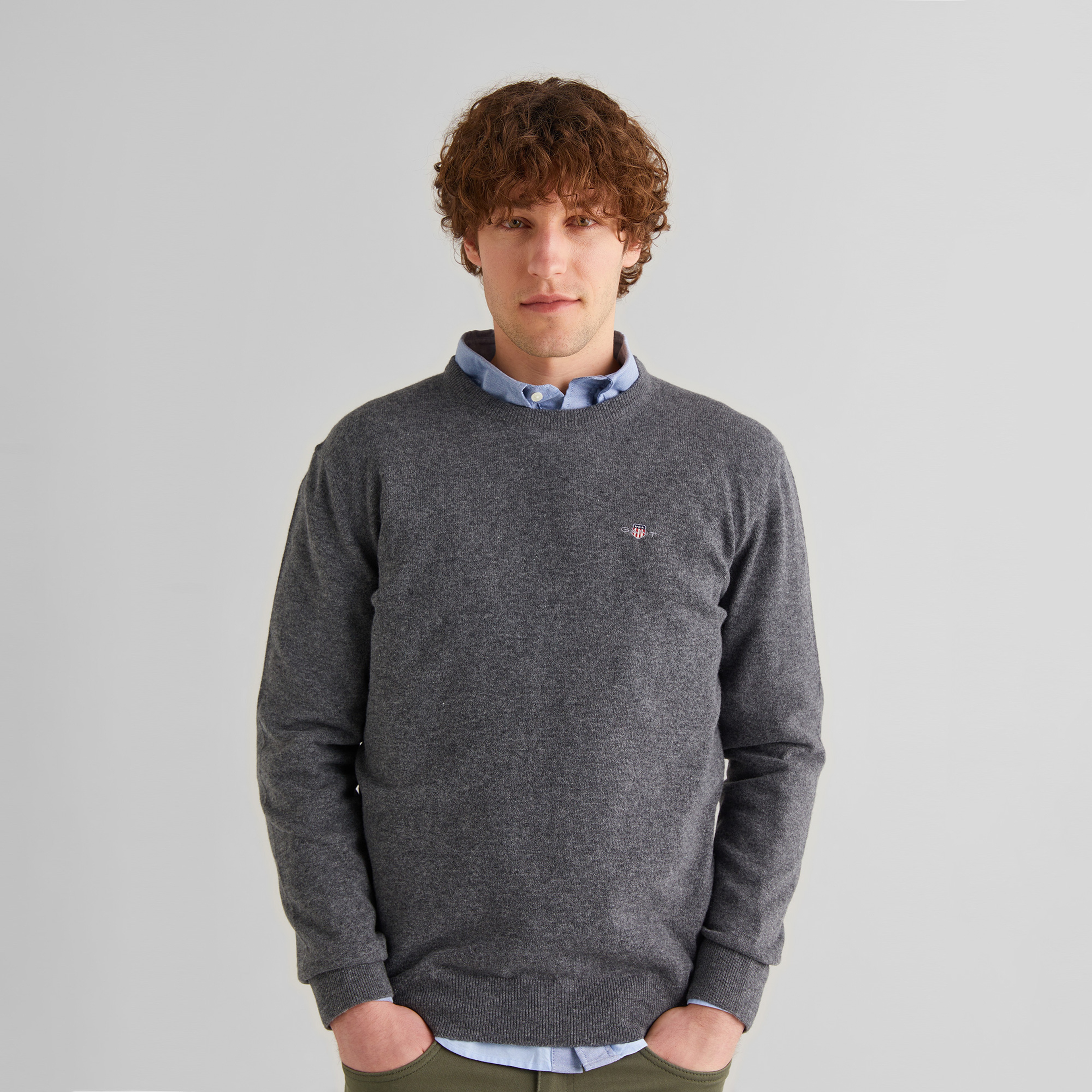 GANT Erkek Gri Regular Fit Bisiklet Yaka Yün Kazak