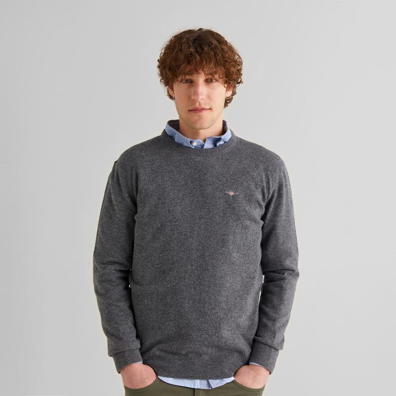GANT Erkek Gri Regular Fit Bisiklet Yaka Yün Kazak