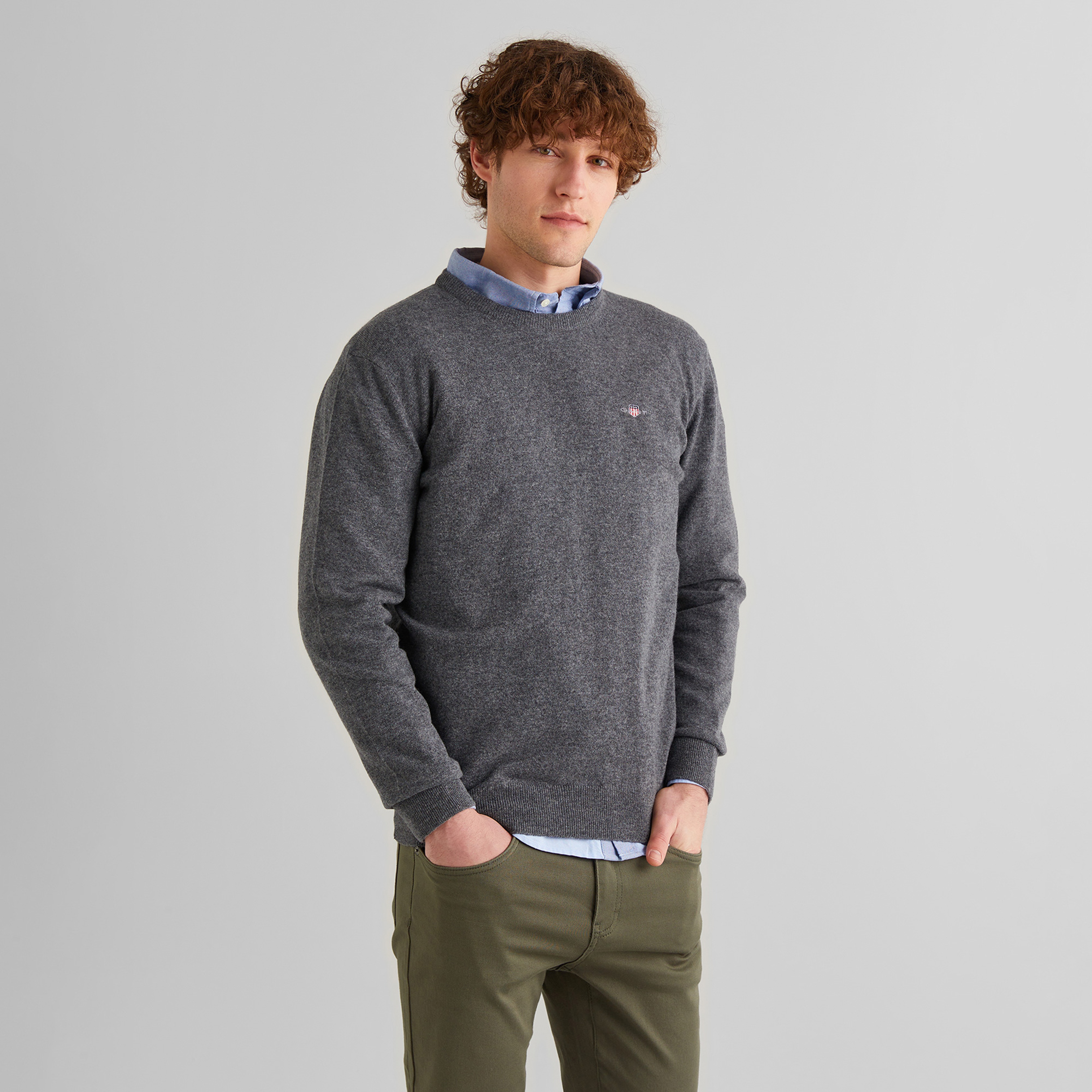 GANT Erkek Gri Regular Fit Bisiklet Yaka Yün Kazak