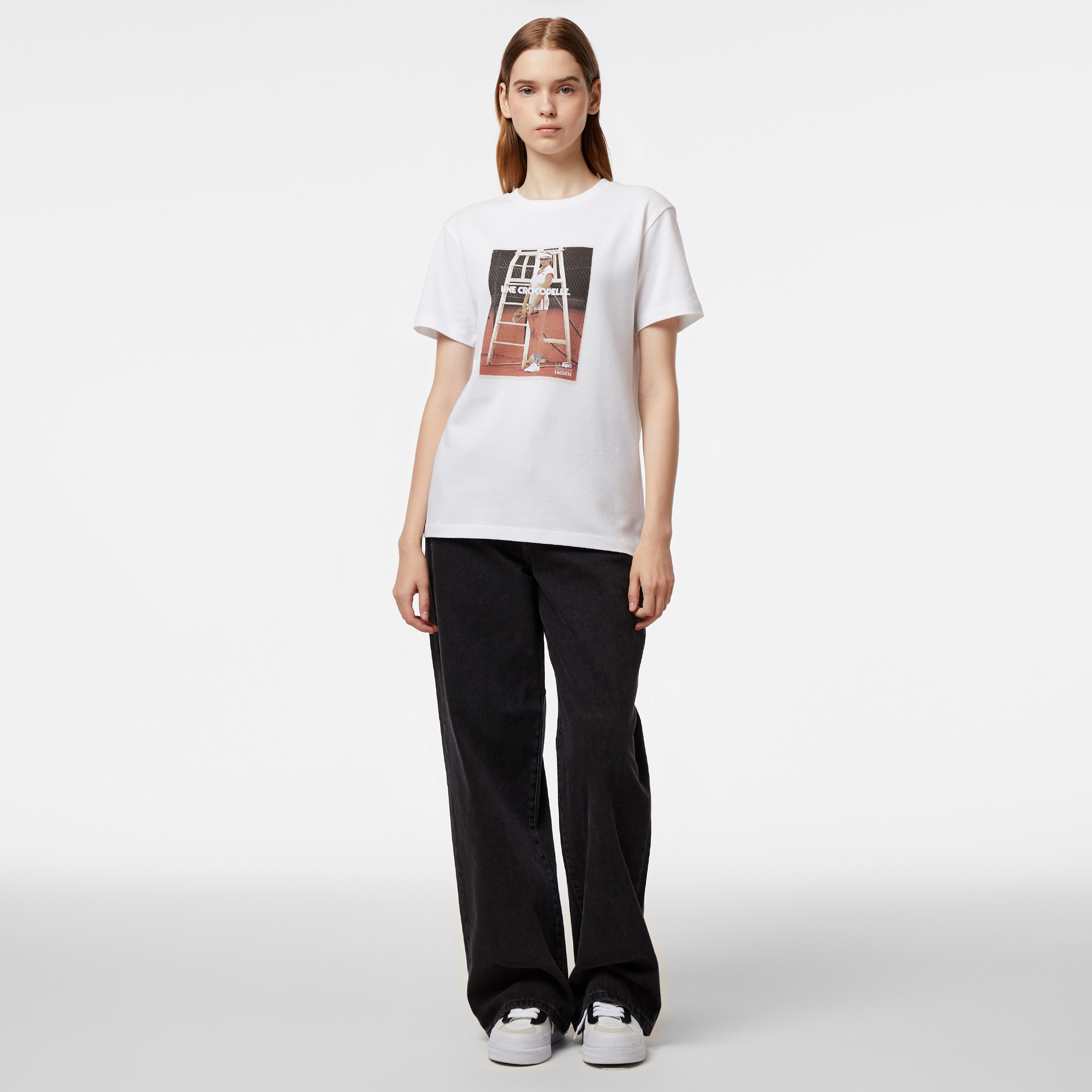 Kadın Bisiklet Yaka Baskılı Beyaz T-Shirt