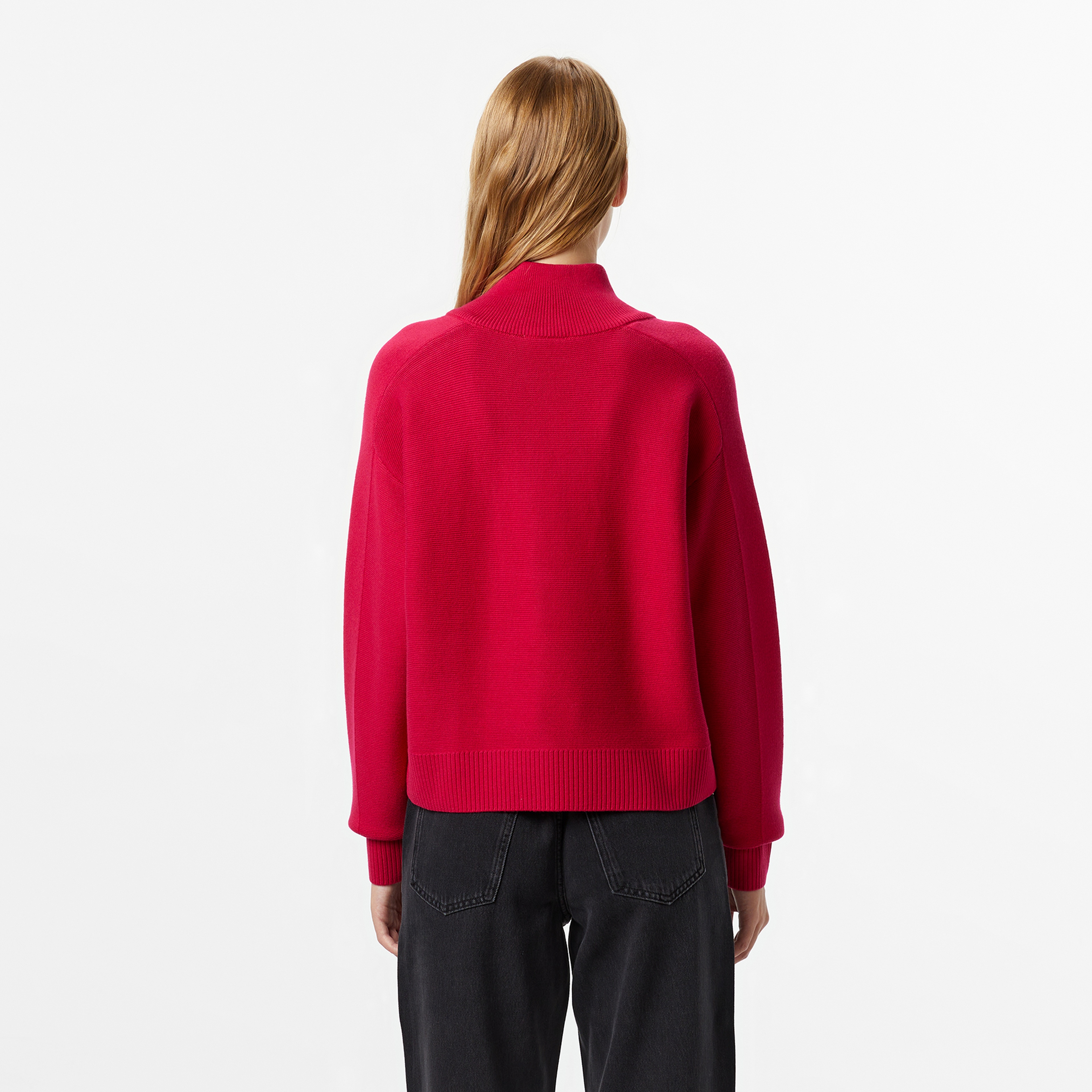 Kadın Classic Fit Yarım Fermuarlı Kırmızı Kazak