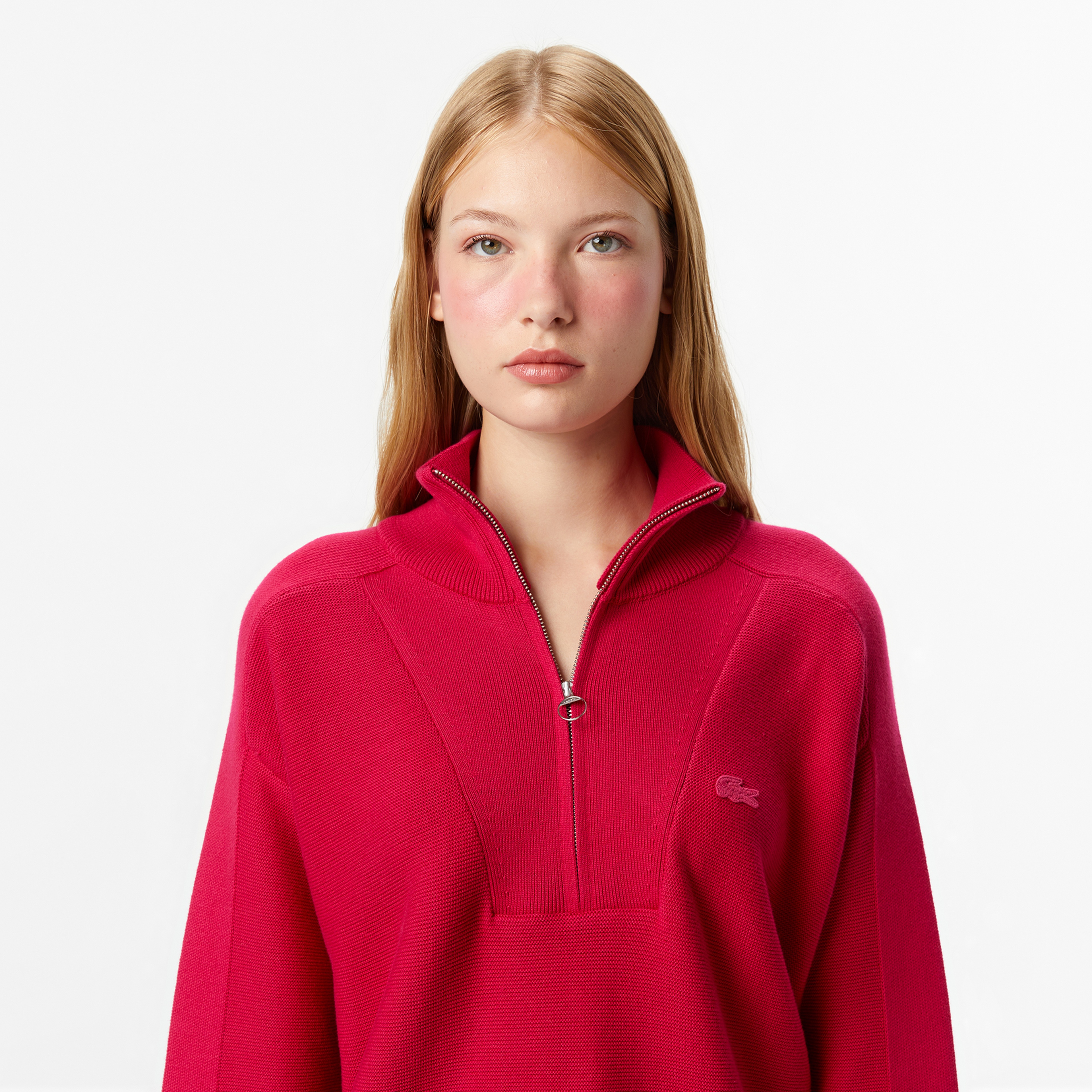 Kadın Classic Fit Yarım Fermuarlı Kırmızı Kazak