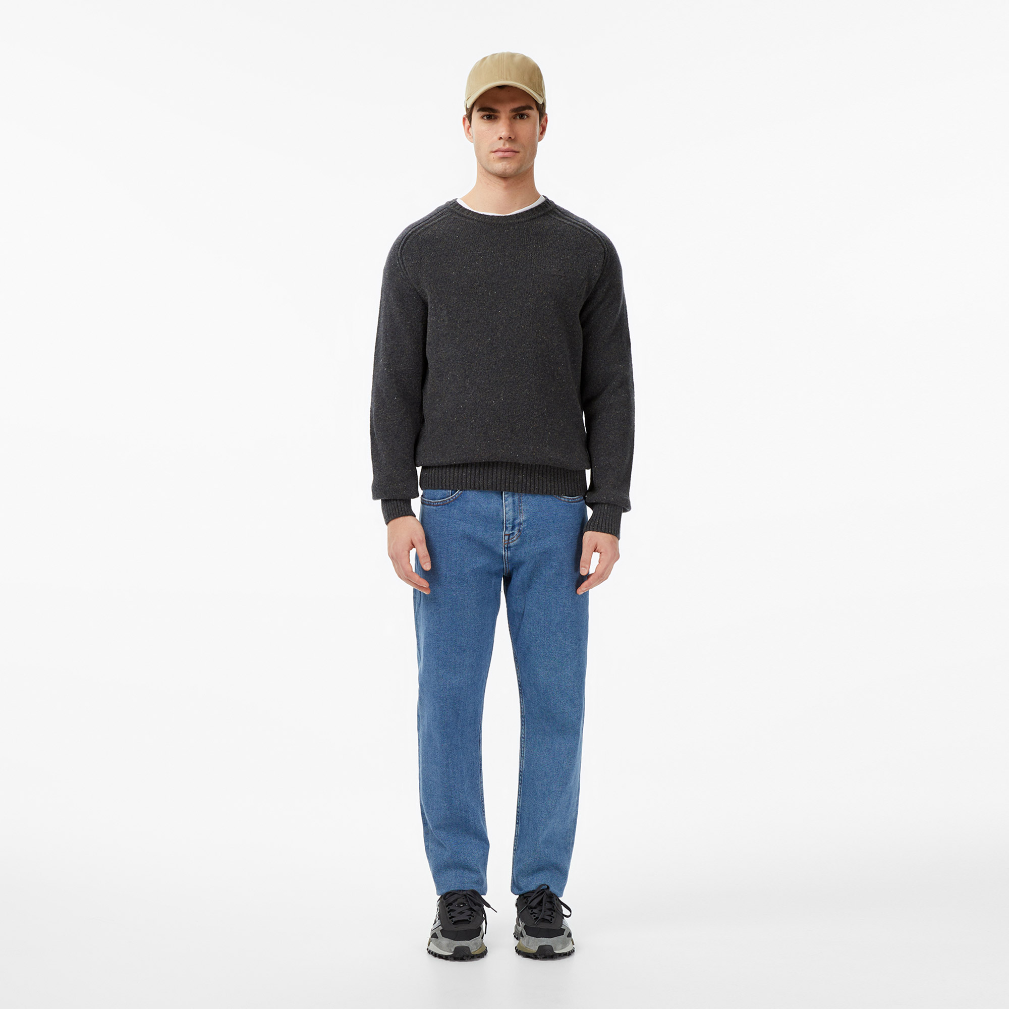 Erkek Classic Fit Bisiklet Yaka Yün Gri Kazak