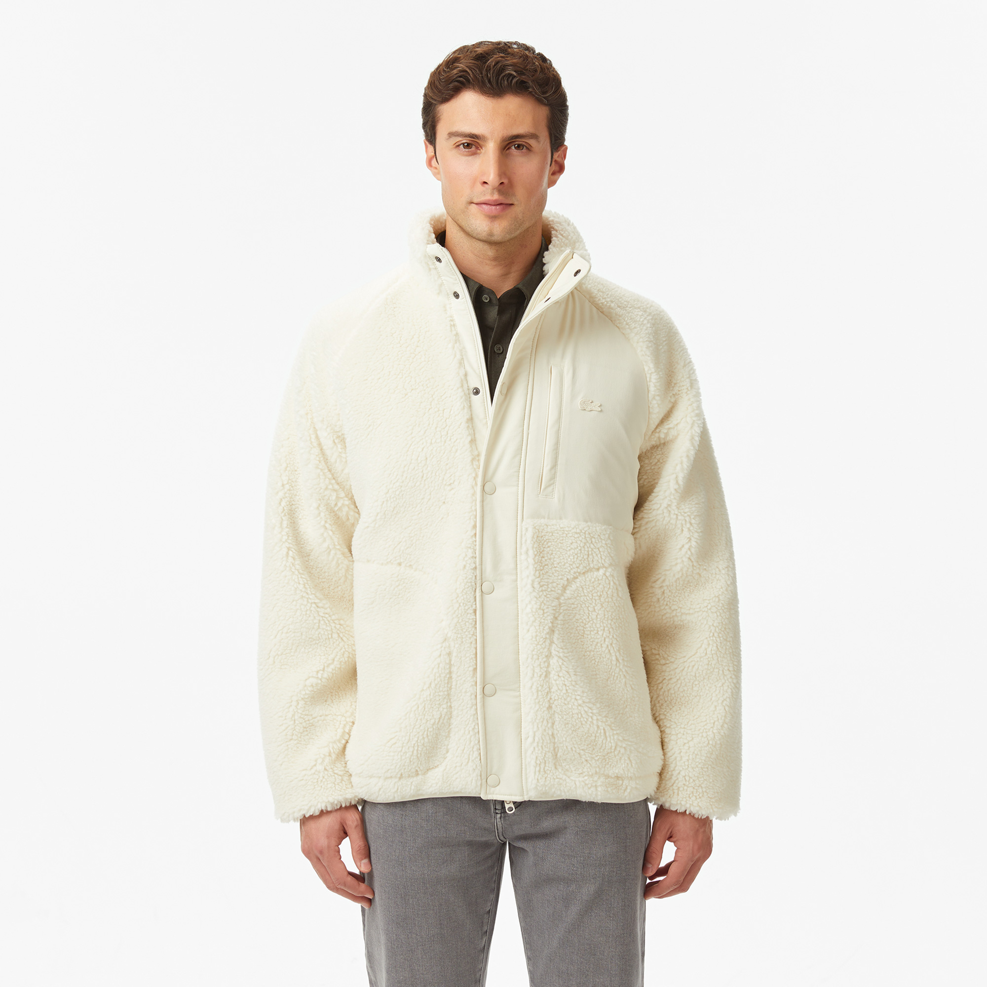 Erkek Dik Yaka Renk Bloklu Beyaz Ceket