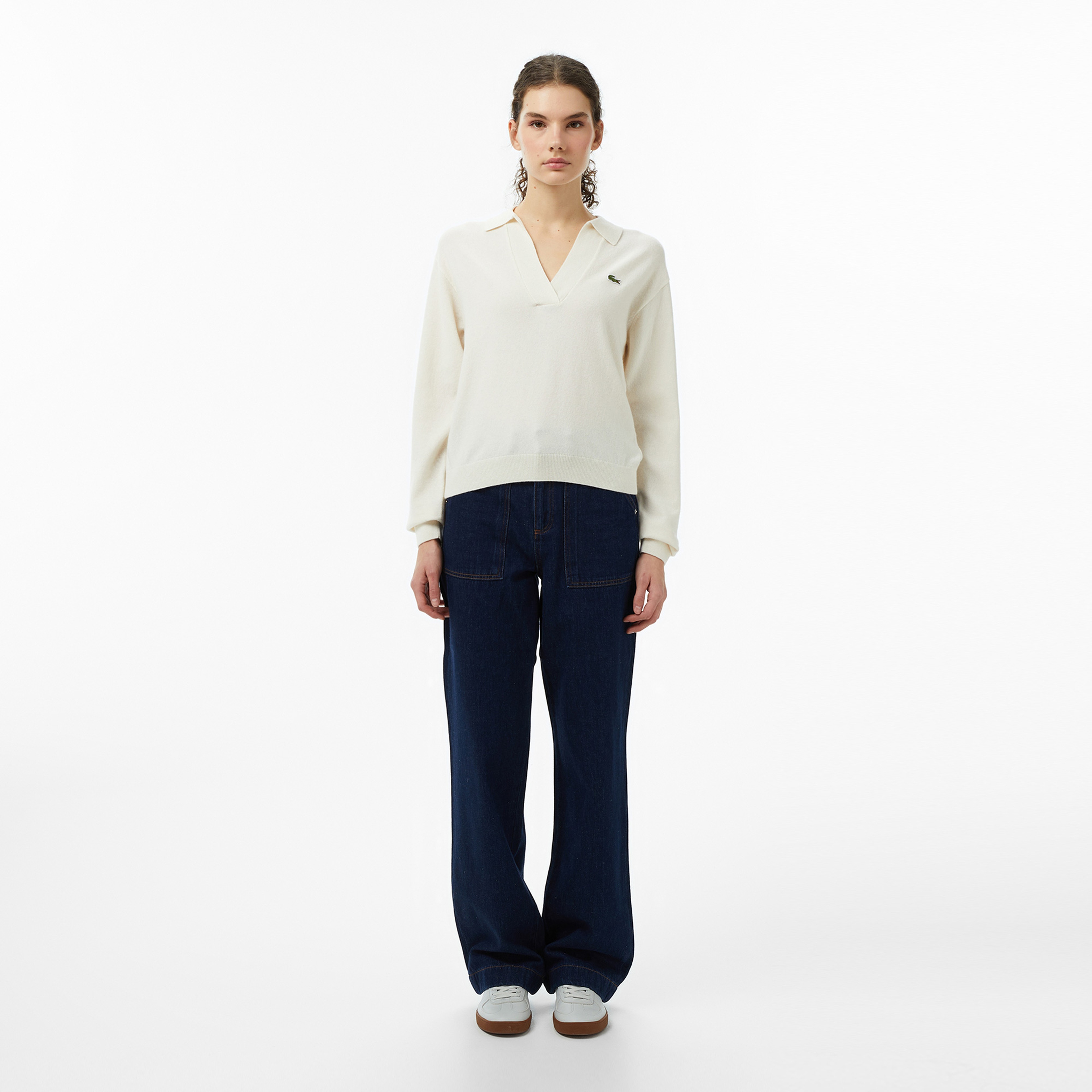 Kadın Classic Fit Polo Yaka Krem Kazak